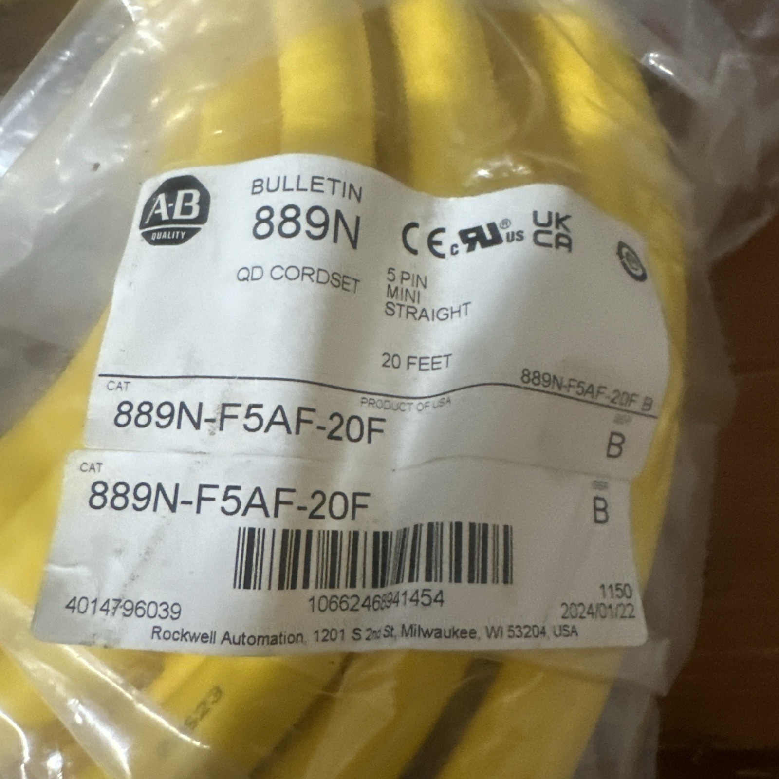 Allen-Bradley 889N-F5AF-20F 5 Pin Mini Straight 20′ Ft CordSet QD Cable Series B