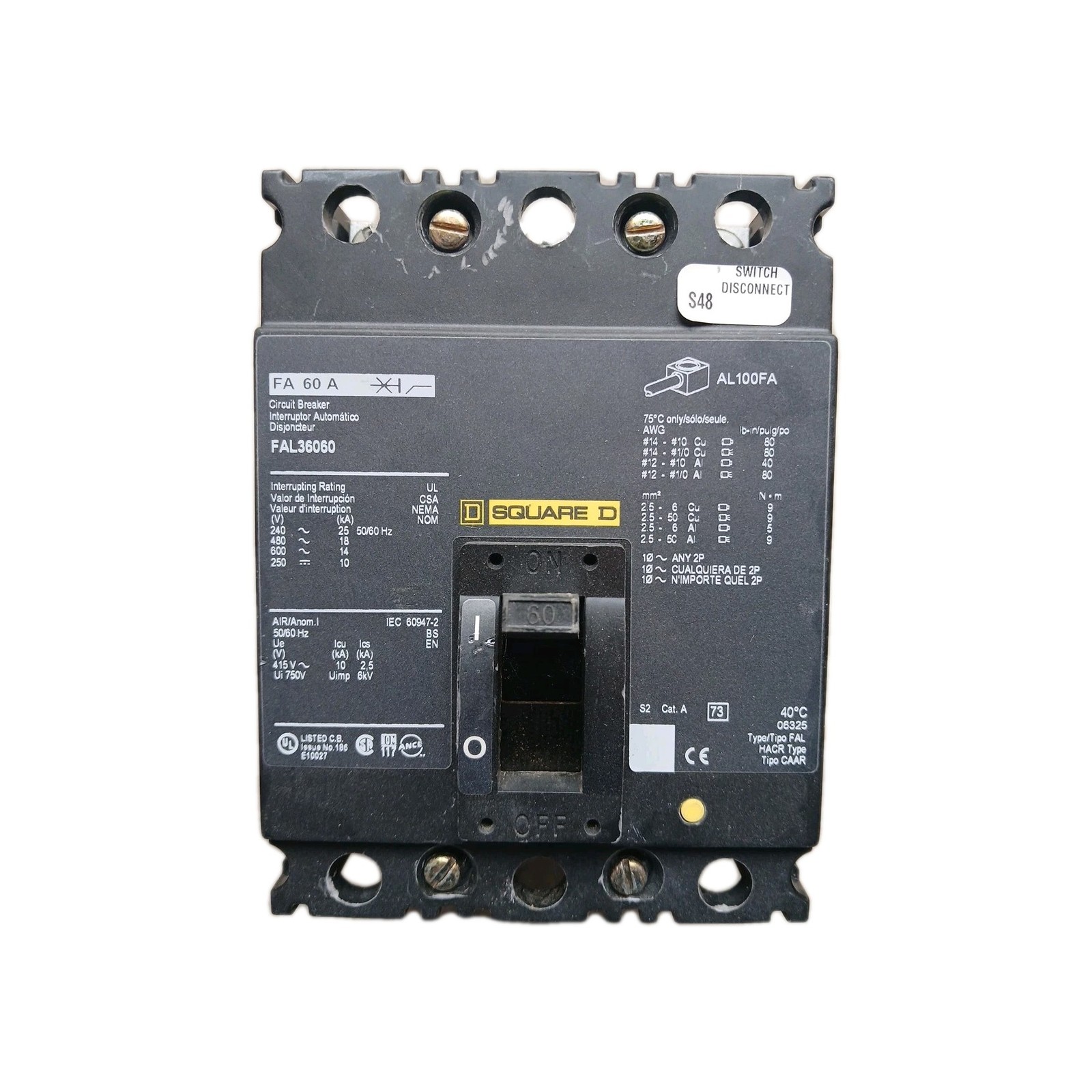 SQUARE D FAL36060 60 Amp Circuit Breaker