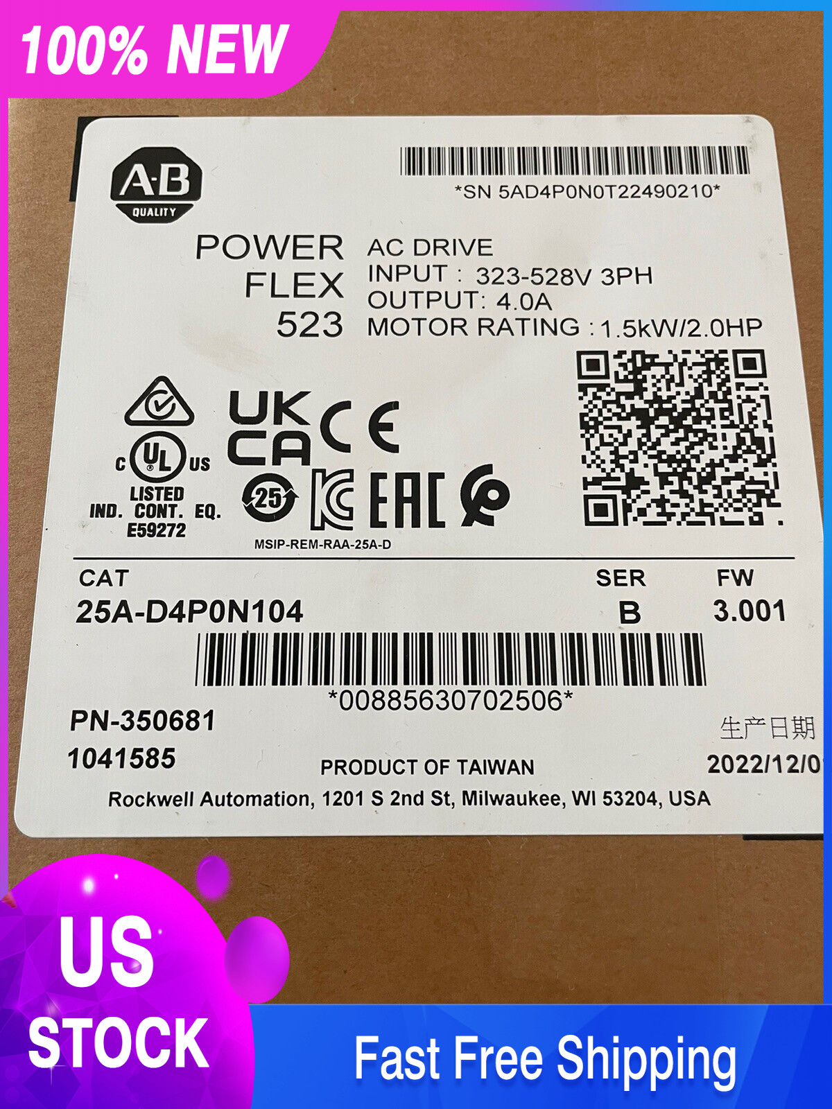 New Sealed Allen-Bradley 25A-D4P0N104 Ser B PowerFlex 523 AC Drive 1.5kW 2.0HP