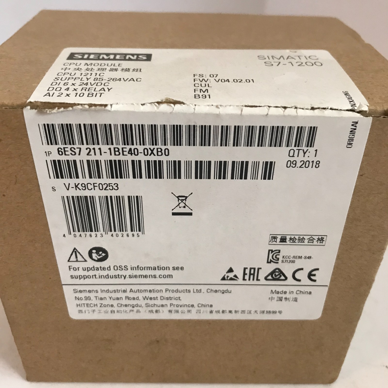 Siemens CPU Module 6ES7211-1BE40-0XB0 – New in Box