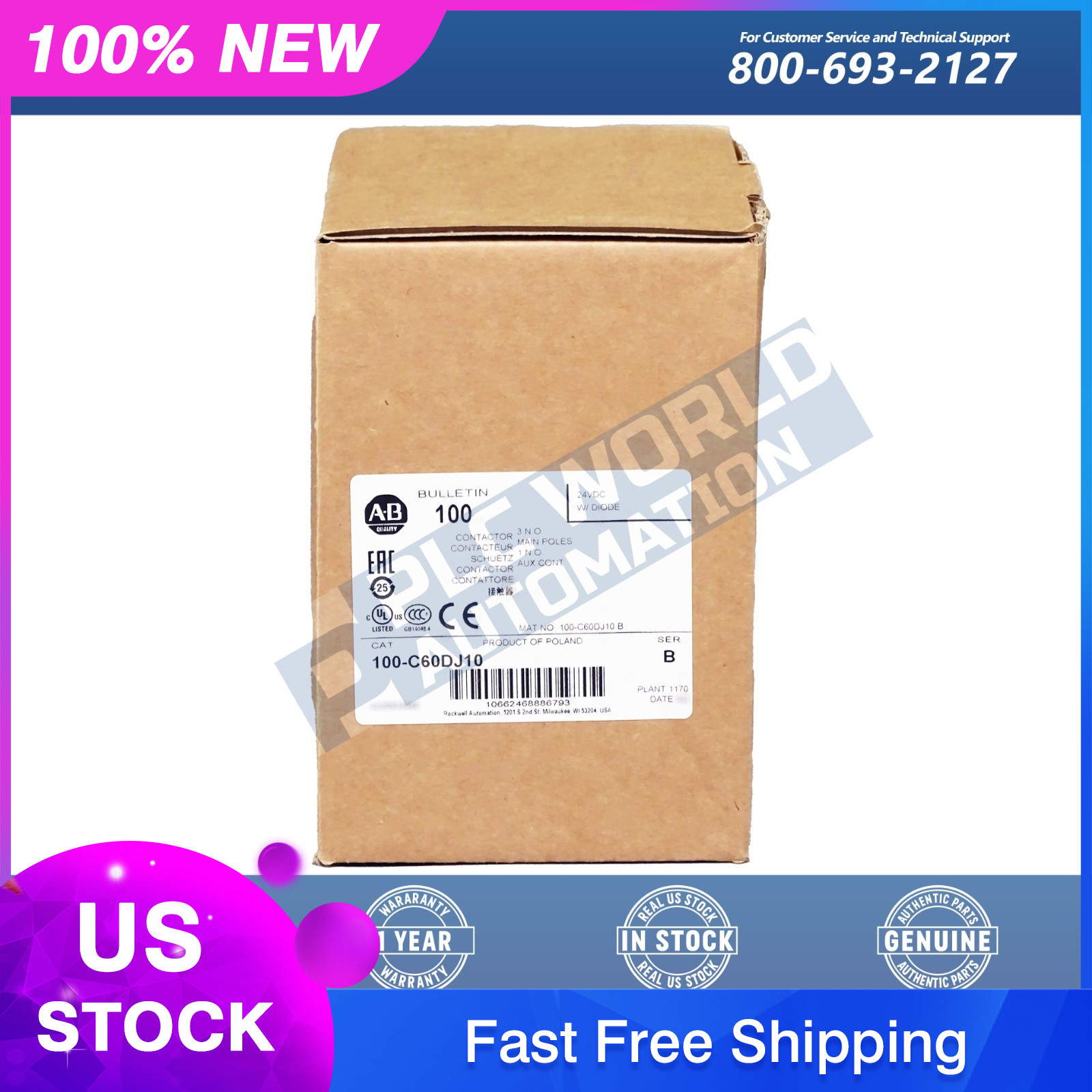 Allen Bradley 100-C60DJ10 Standard Contactor, IEC, 24 VDC, 3-Pole, 60A, New