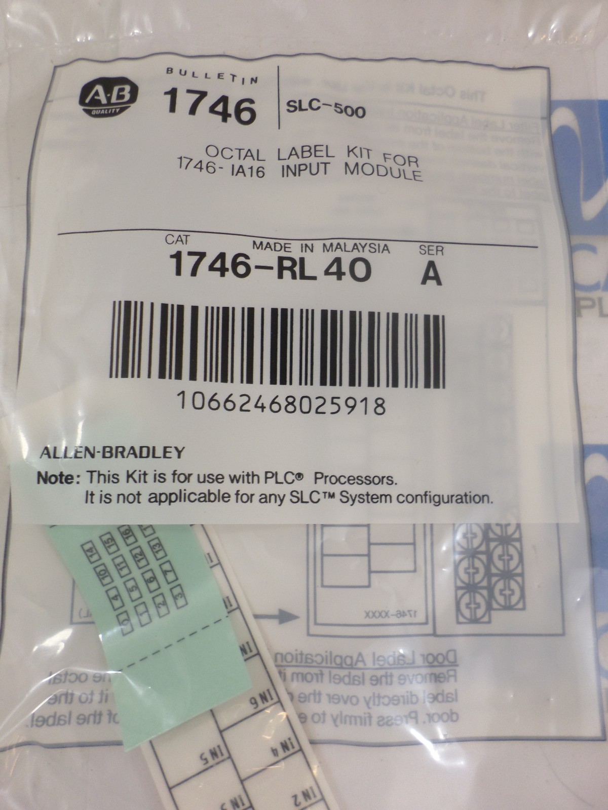 1 new surplus Allen Bradley 1746-RL40 label kit for 1746-IA16 ser A