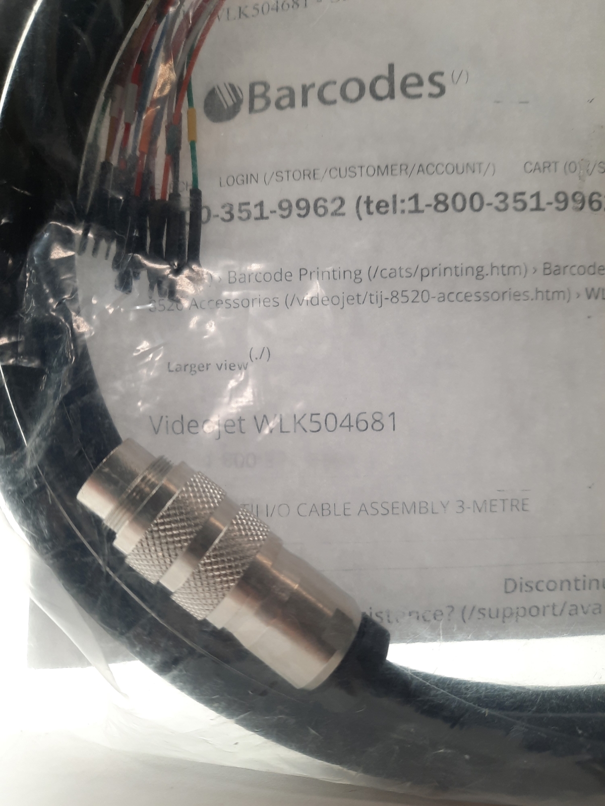 Videojet WLK504681 TIJ I/O Cable Assembly 3 Meters, Videojet 8520 Accessories