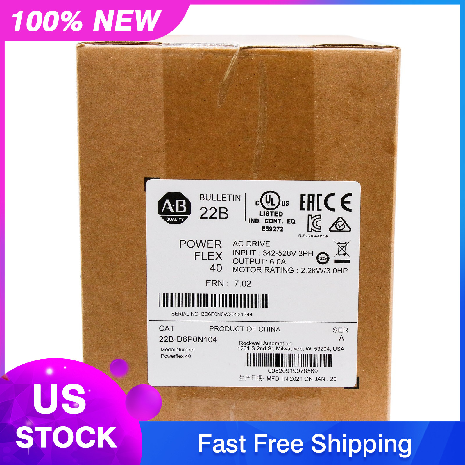 22B-D6P0N104 Allen-Bradley PowerFlex 40 2.2KW/3.0HP AC Drive US Free Tax