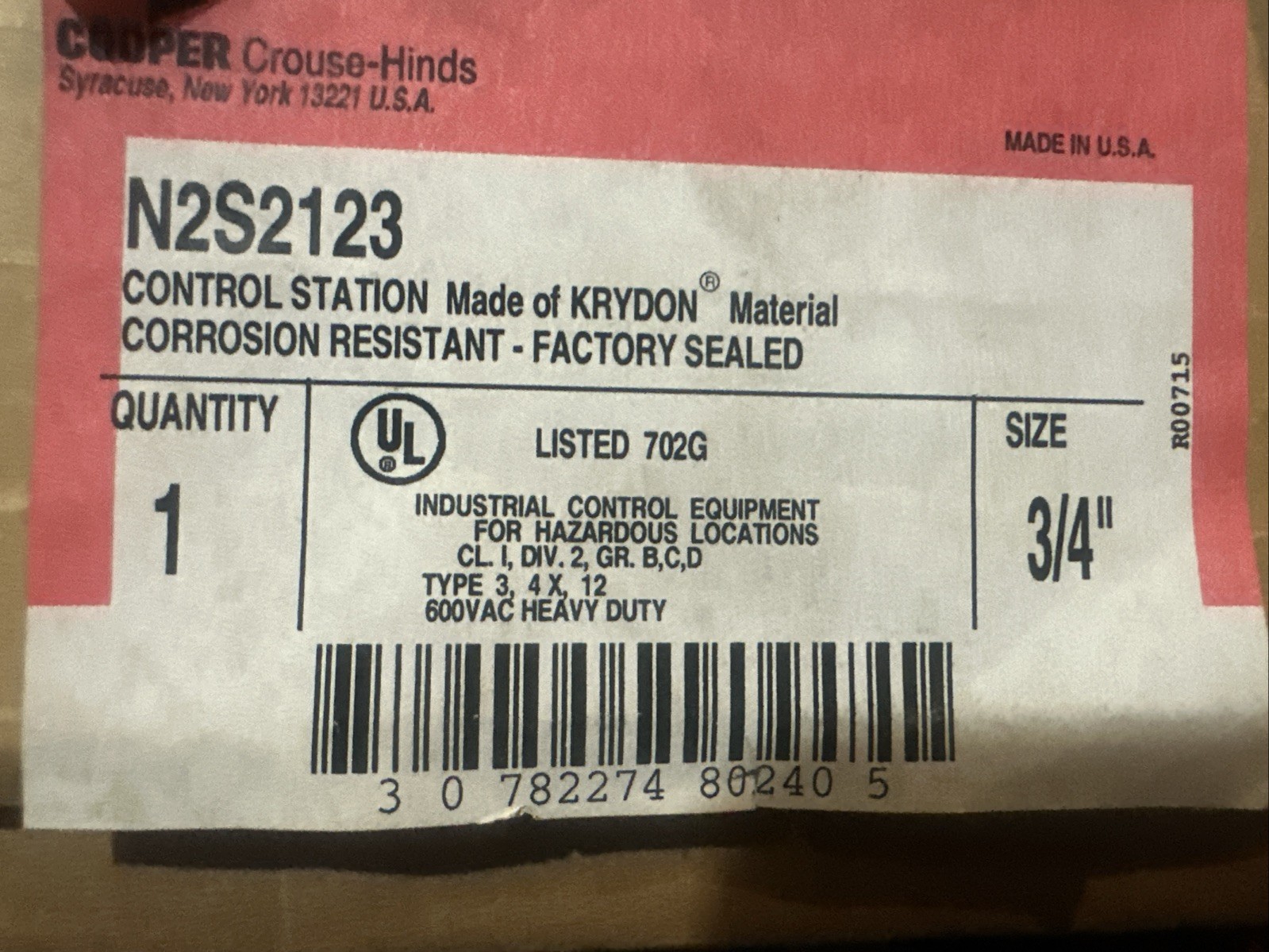 Cooper Crouse-Hinds N2S2123 HN OF AU 3/4” Motor Control HAND/OFF/AUTO NEW NIB