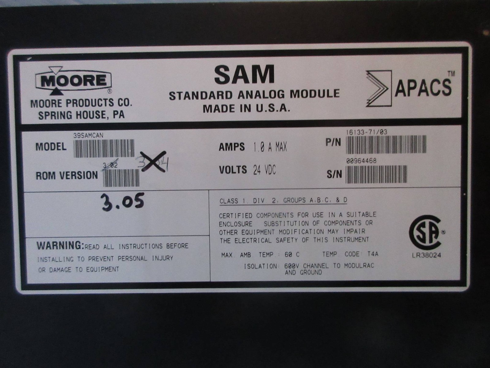 Moore 39SAMCAN 16133-71/03 APACS SAM Standard Analog Module Siemens ROM 3.05