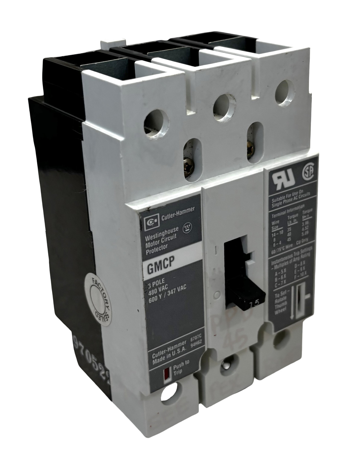 Cutler‑Hammer GMCP015E0C Motor Circuit Protector 15A 3‑Pole 600V 3‑Phase MCP