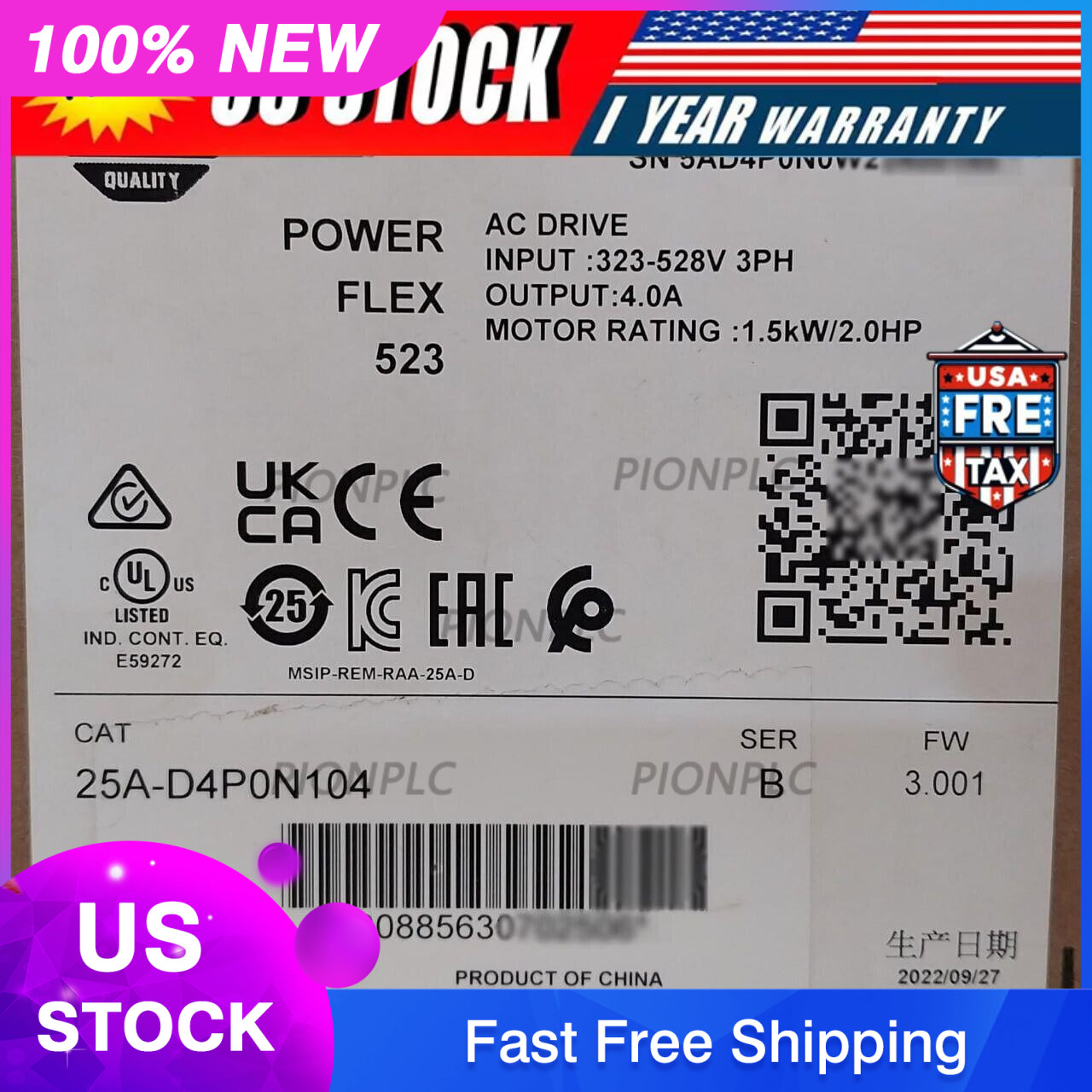 New Sealed Allen-Bradley 25A-D4P0N104 Ser B PowerFlex 523 AC Drive 1.5kW 2.0HP
