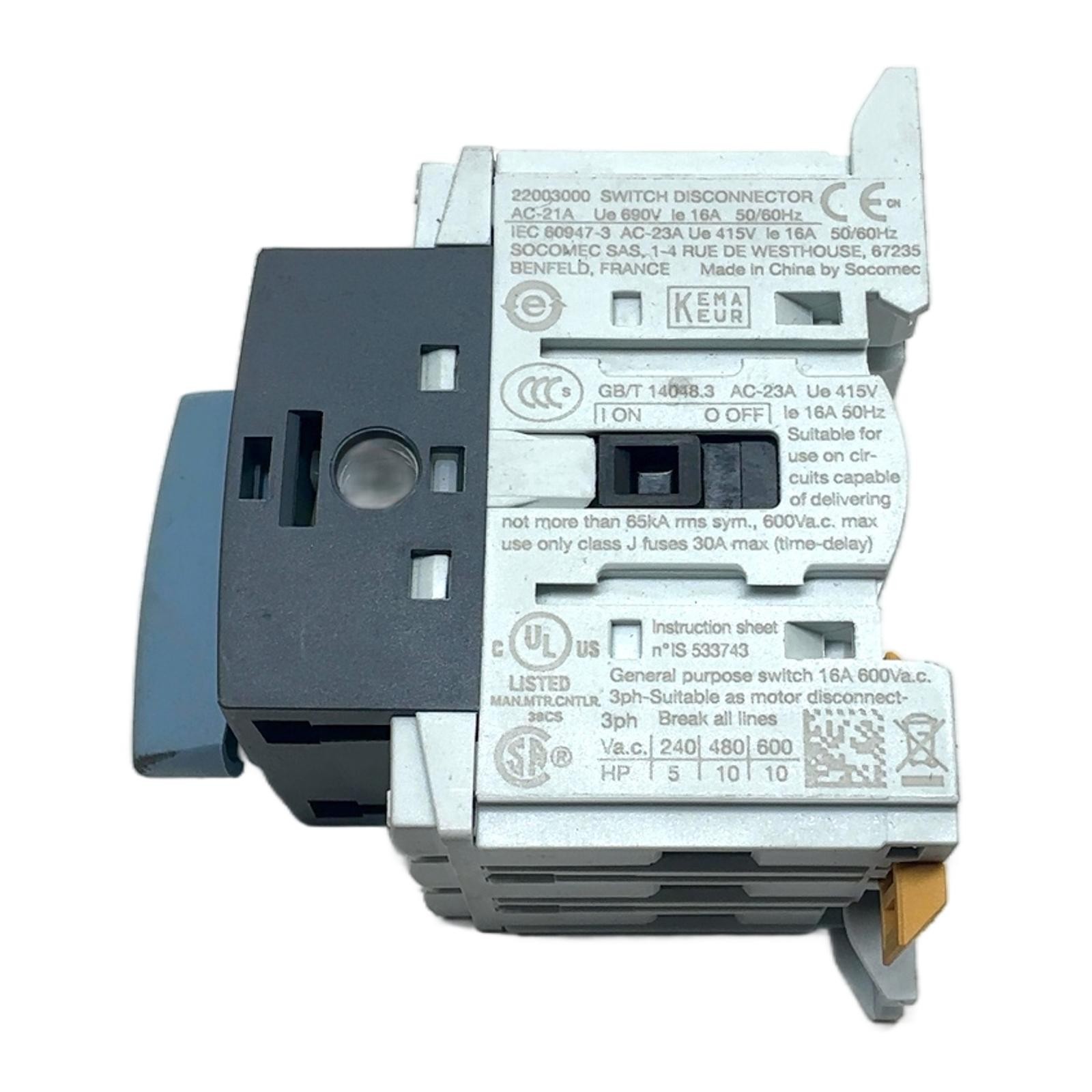 SIRCO M 22003000 SOCOMEC, Socomec Switch Disconnector 16A 3-Pole SIRCO M …….