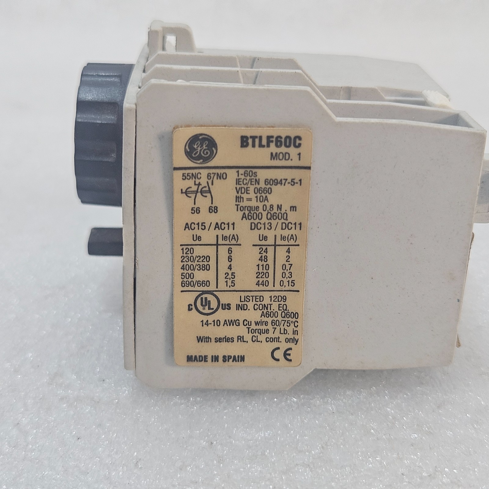 GE BTLF60C TIME DELAY RELAY 1–60S INDUSTRIAL TIMER MODULE IEC 60947-5-1 MADE IN