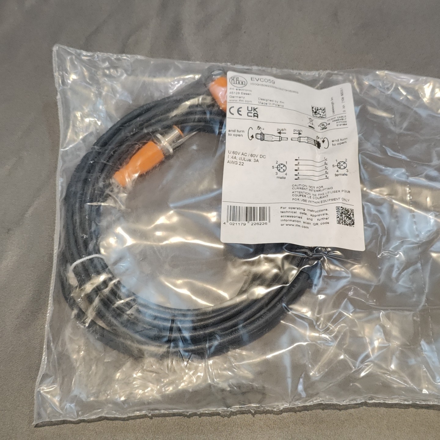 New, IFM Electronic EVC059, 5m, Male – Female Sensor Cable Cordset