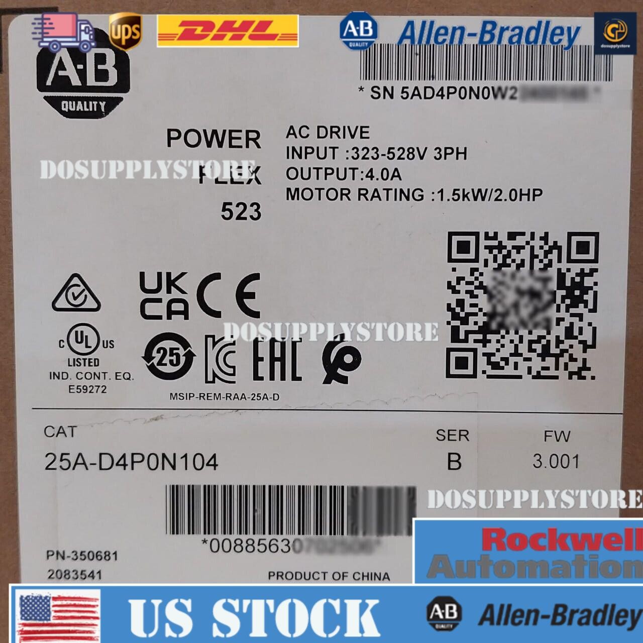 New Sealed Allen-Bradley 25A-D4P0N104 Ser B PowerFlex 523 AC Drive 1.5kW 2.0HP