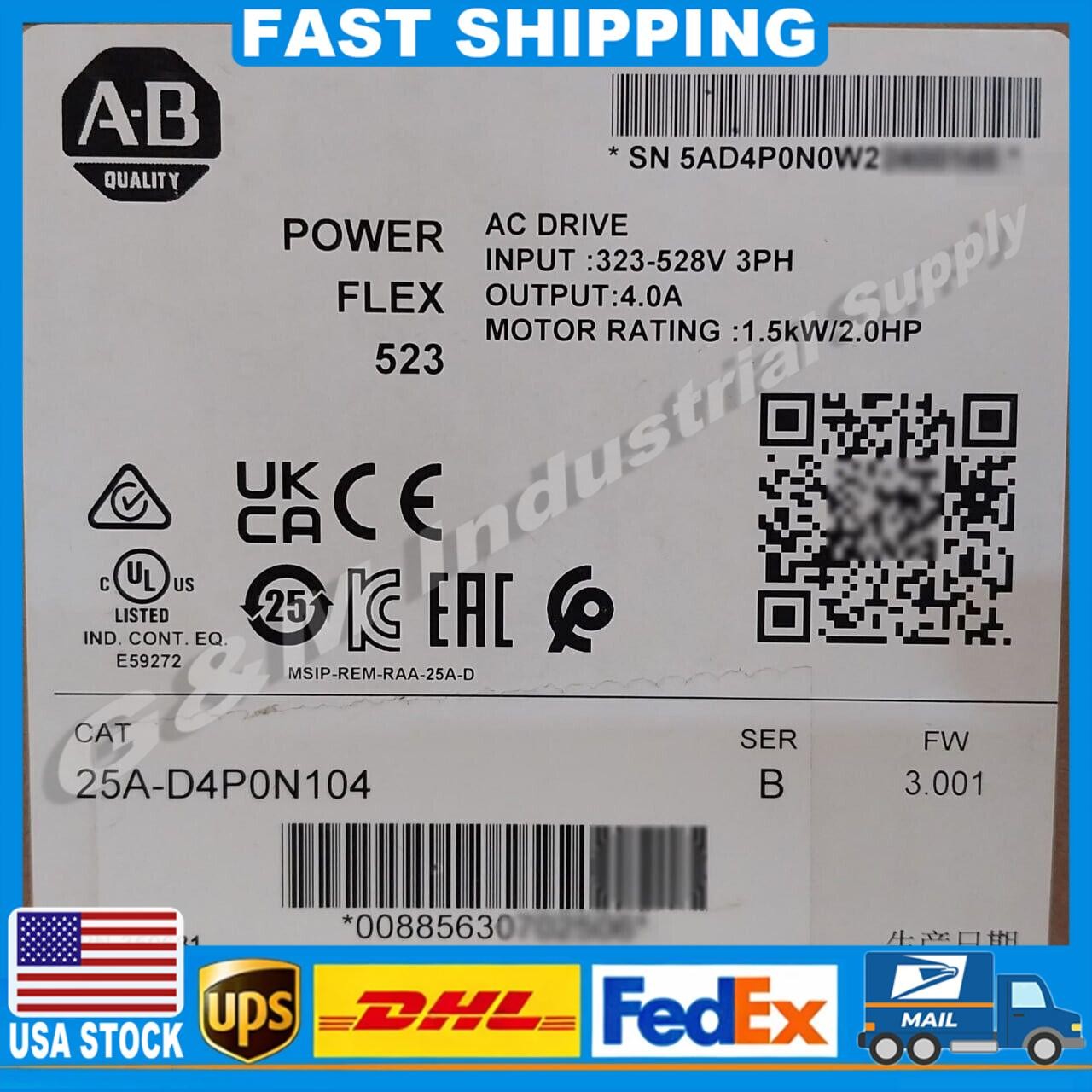 New Sealed Allen-Bradley 25A-D4P0N104 Ser B PowerFlex 523 AC Drive 1.5kW 2.0HP