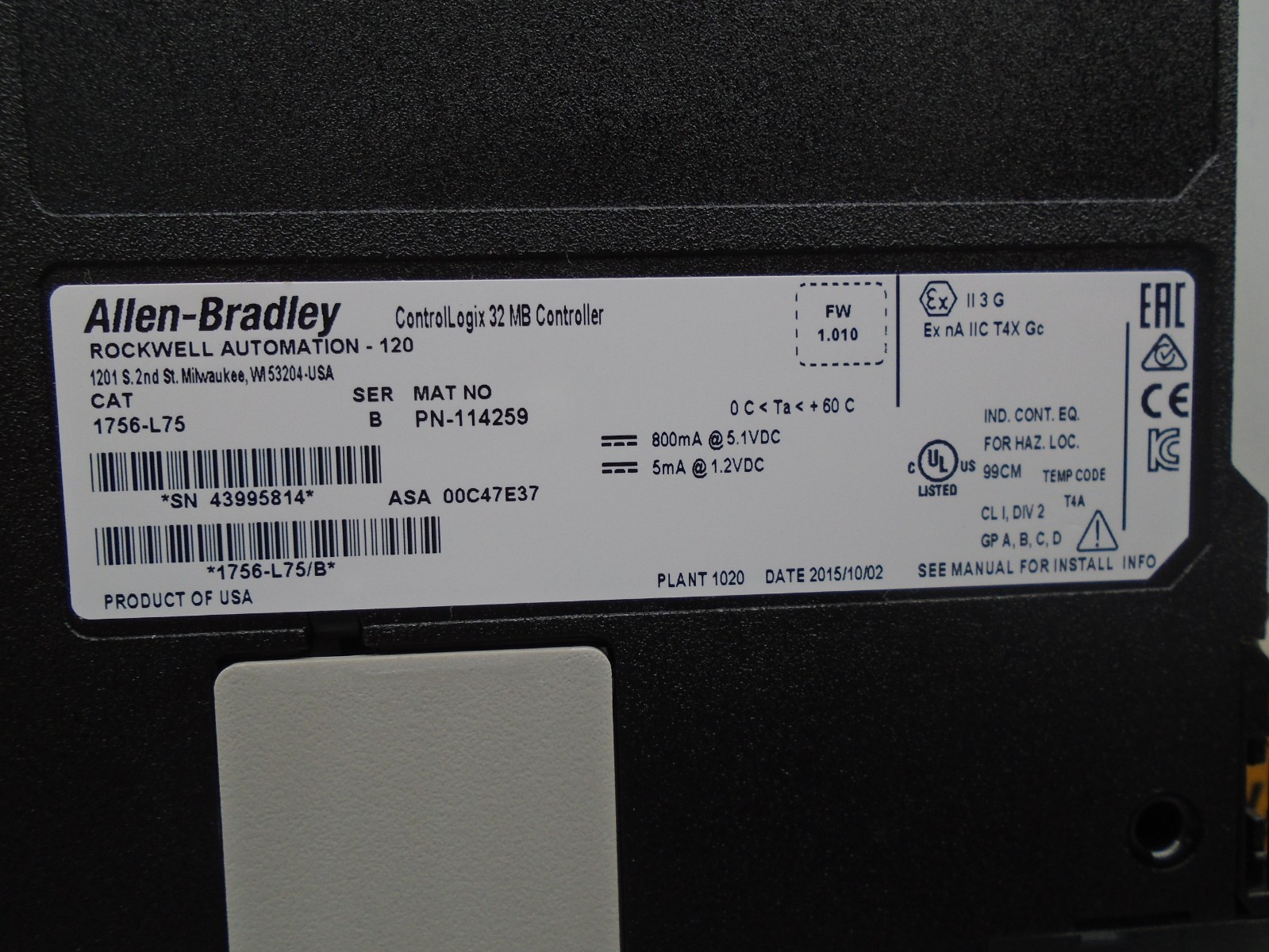 Allen Bradley 1756-L75 /B Controllogix 5575 PN-114259 1756 L75 163A