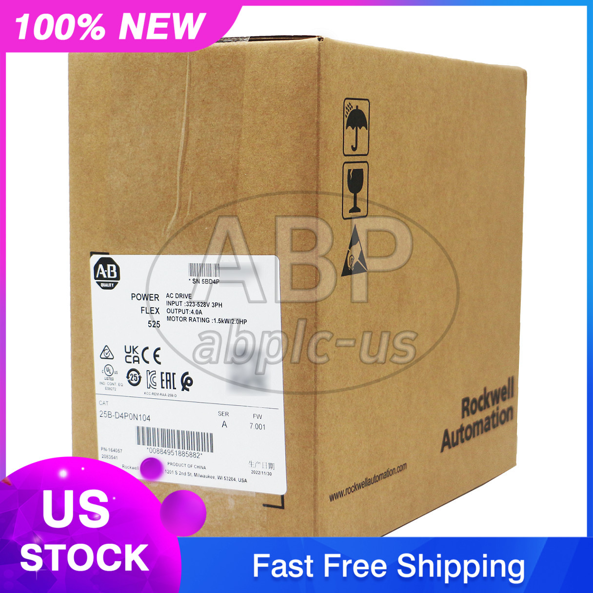 New Allen-Bradley 25B-D4P0N104 PowerFlex 525 1.5kW (2Hp) AC Drive