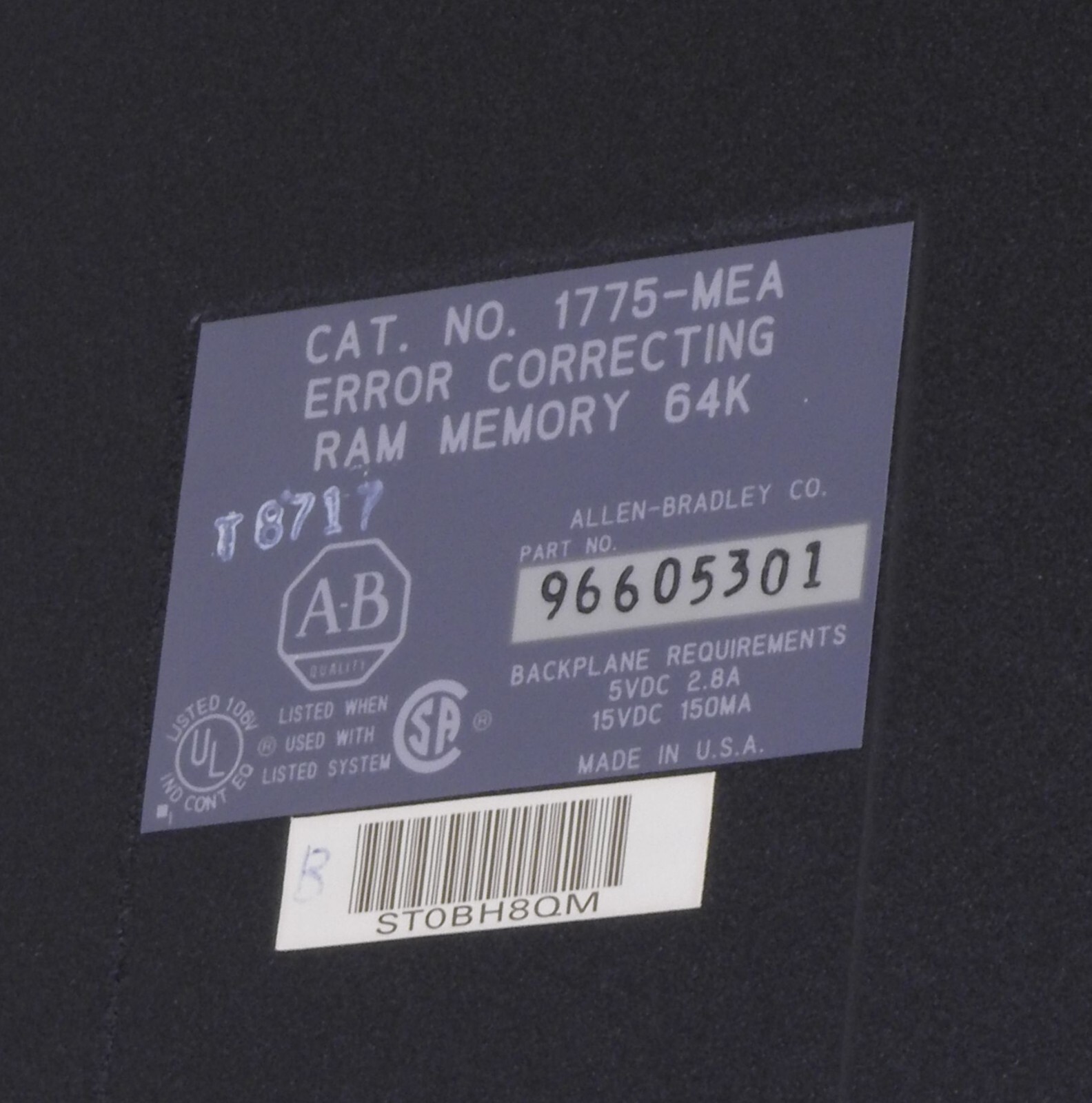 Allen-Bradley 1775-MEA B 64K Error Correcting Ram Memory Module PLC-3 Working