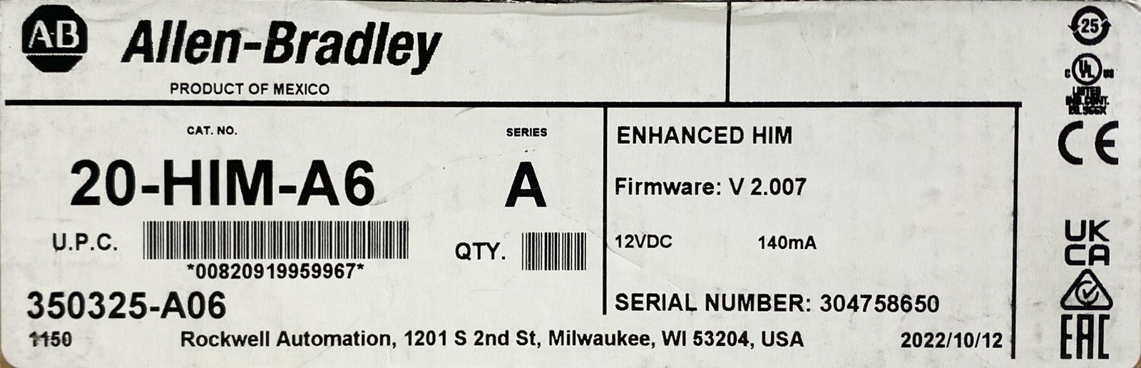 Allen Bradley 20-HIM-A6 PowerFlex HIM FW V 2.007 USA US Free Tax