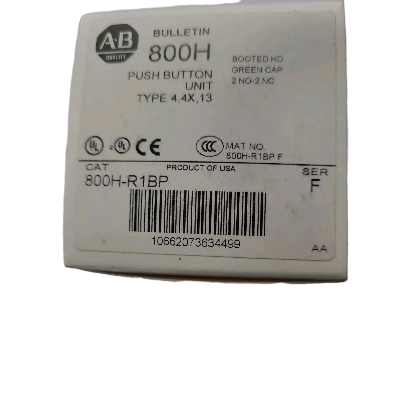 A-B 800H push button unit, type 4,4X,13 Booted HD GREEN cap 2 no-2nc 800T-R1BP
