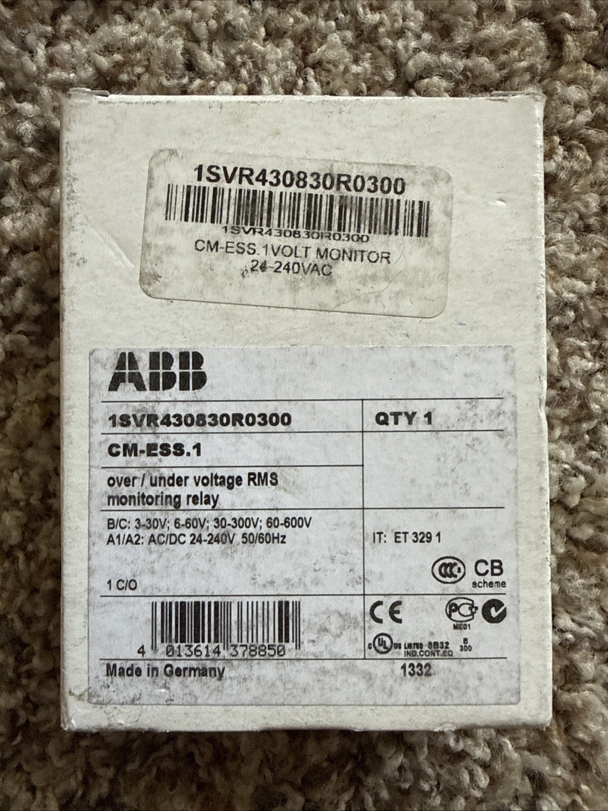 1PCS NEW ABB Single-phase voltage monitor CM-ESS.1S 1c/o, 3-600V, 24-240VAC/DC