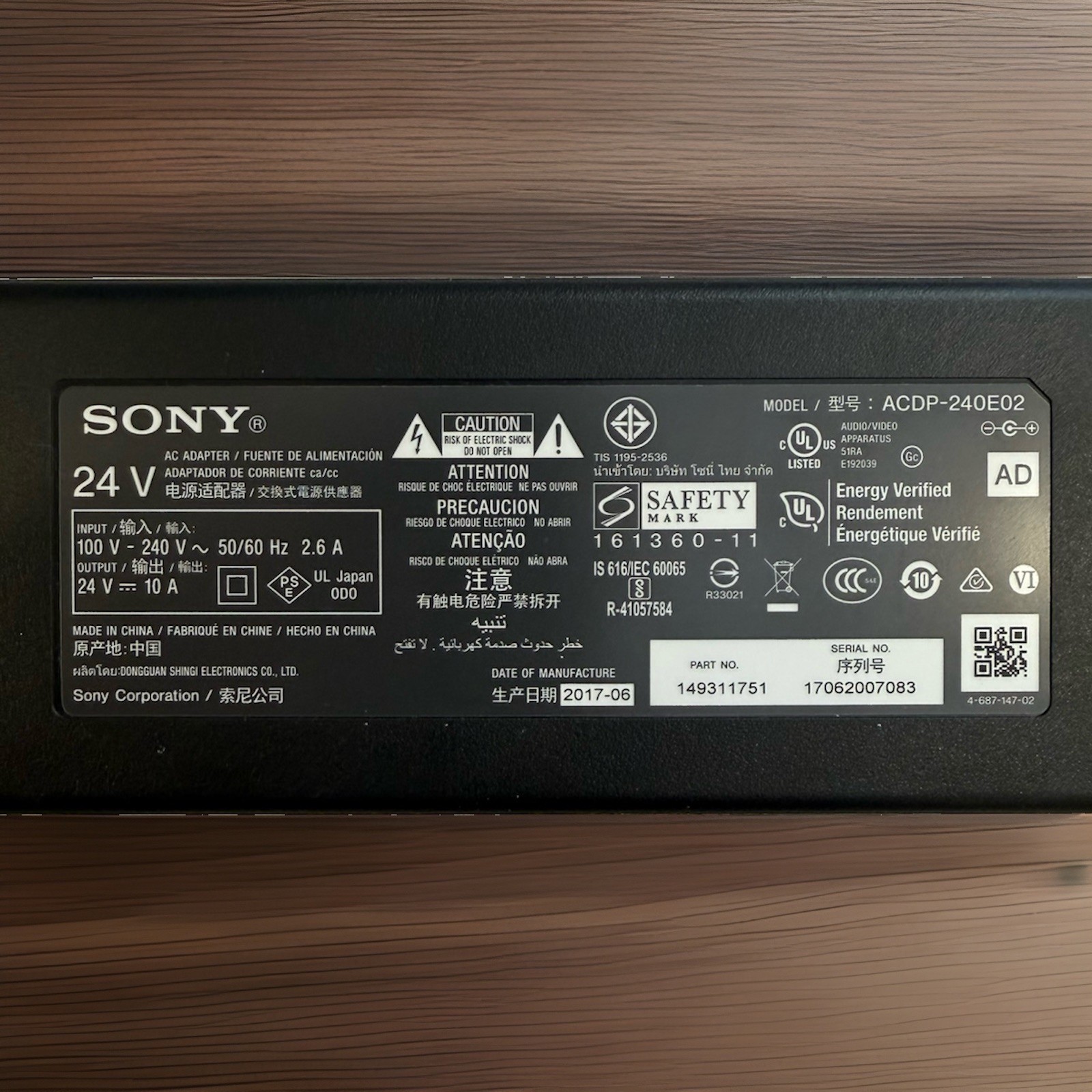 OEM Used For SONY ACDP-240E02 24V 10A LCD TV Power Adapter Tested