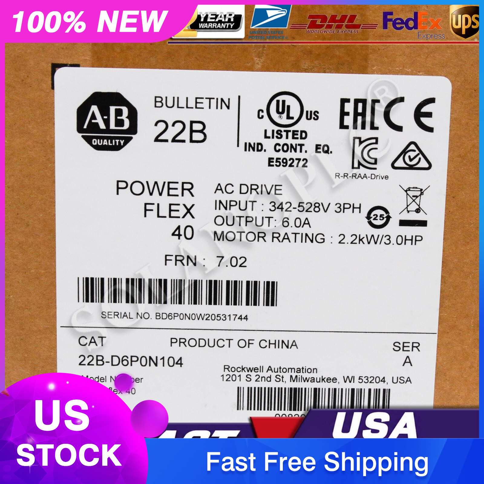 22B-D6P0N104 Allen-Bradley PowerFlex 40 2.2KW/3.0HP AC Drive US Free Tax