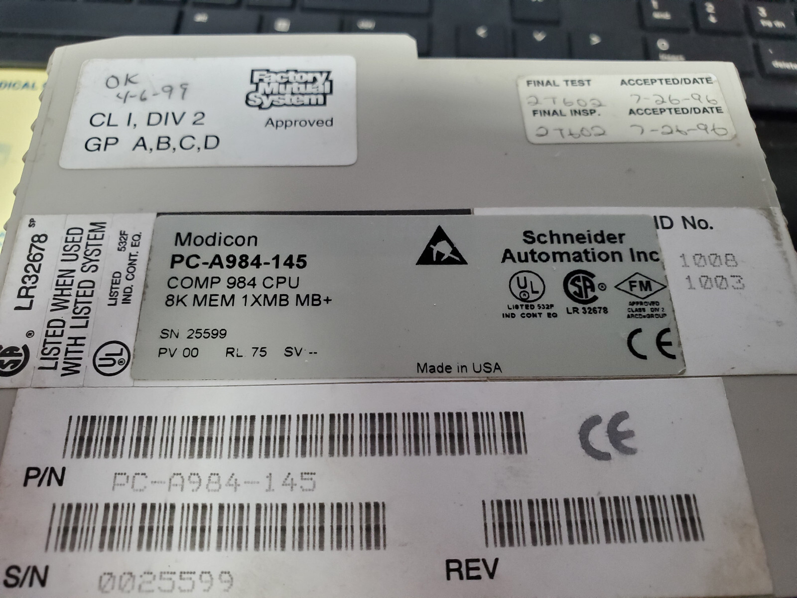 AEG SHNEIDER MODICON PC-A984-145 COMP 984 CPU +backplane, Discriete I/O modules