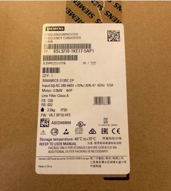 6SL3 210-1KE17-5AP1 NEW SIEMENS 6SL3210-1KE17-5AP1 G120C RATED POWER 3,0KW