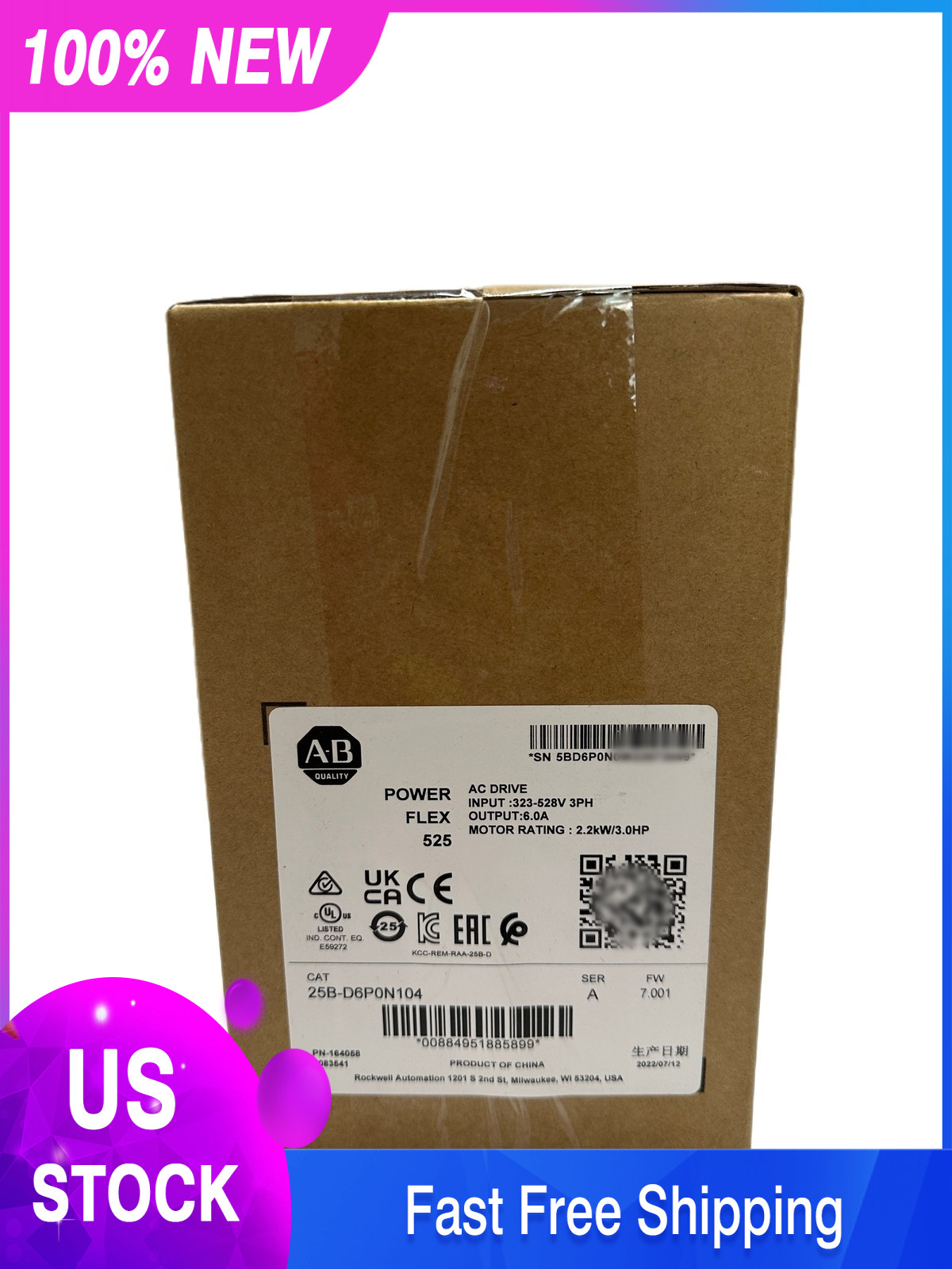New Allen-Bradley 25B-D6P0N104 PowerFlex 525 AC Drive 480VAC 3 HP 2.2kW