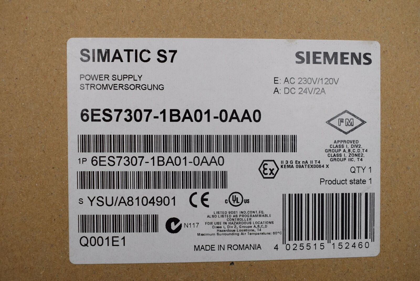 6ES7307-1BA01-0AA0 1PC New Siemens 6ES7307-1BA01-0AA0 S7-300 Power Module