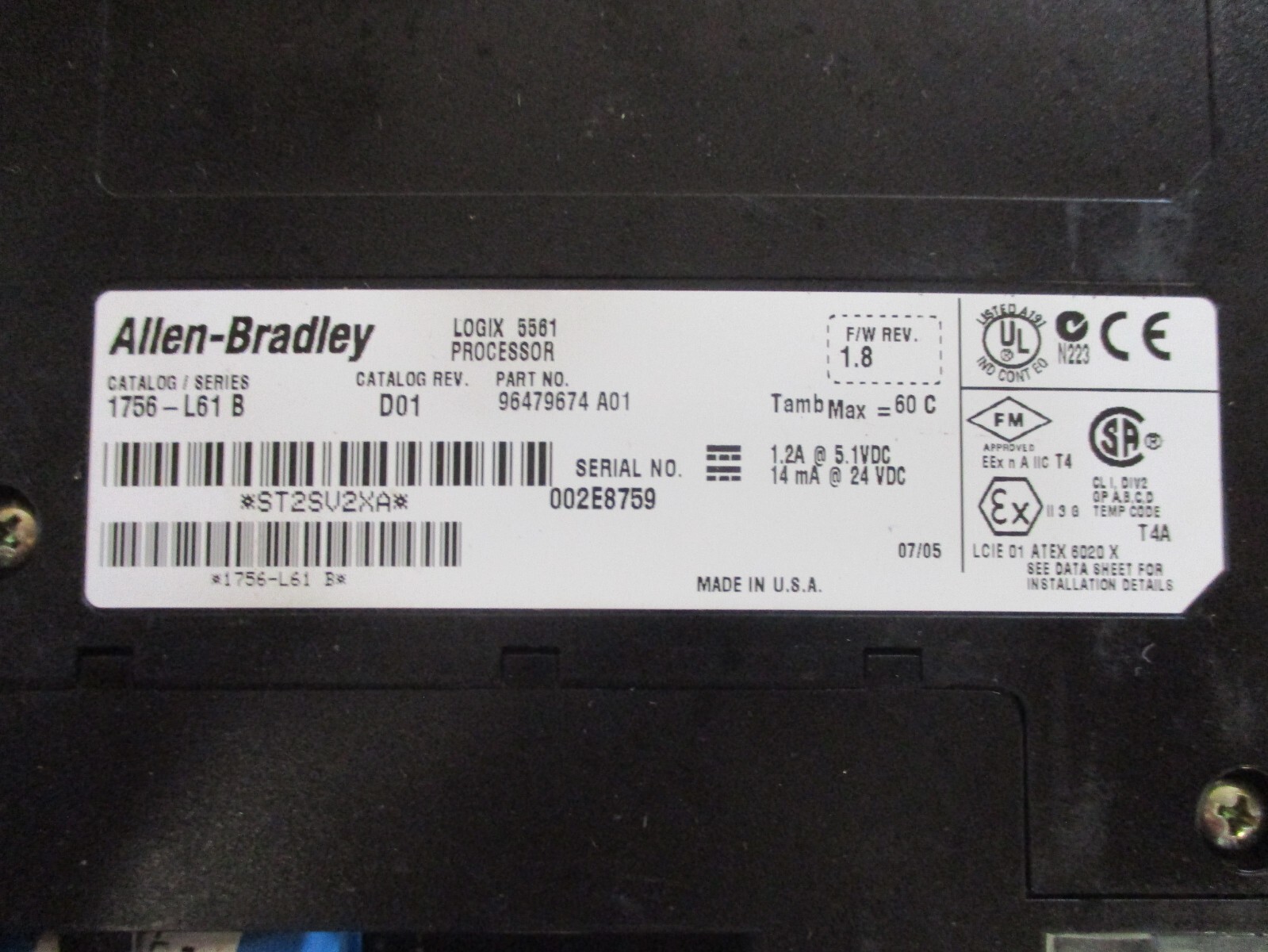 Allen Bradley ControlLogix 5561 Processor Unit 1756-L61B F/W 1.8