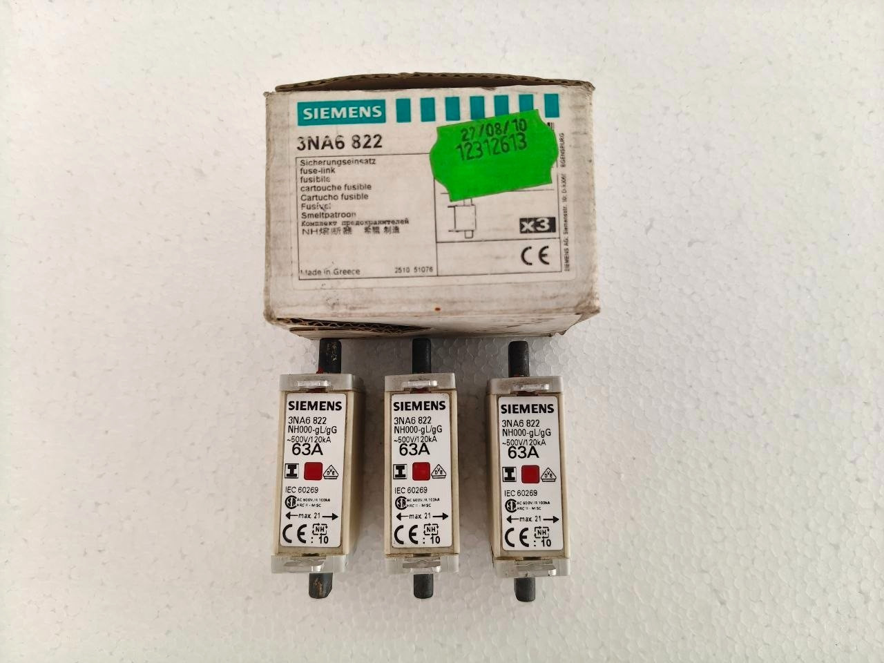 Set Of 3X SIEMENS 3NA6 822 63A NH000-gL/gG 500V/120kA fuse-link