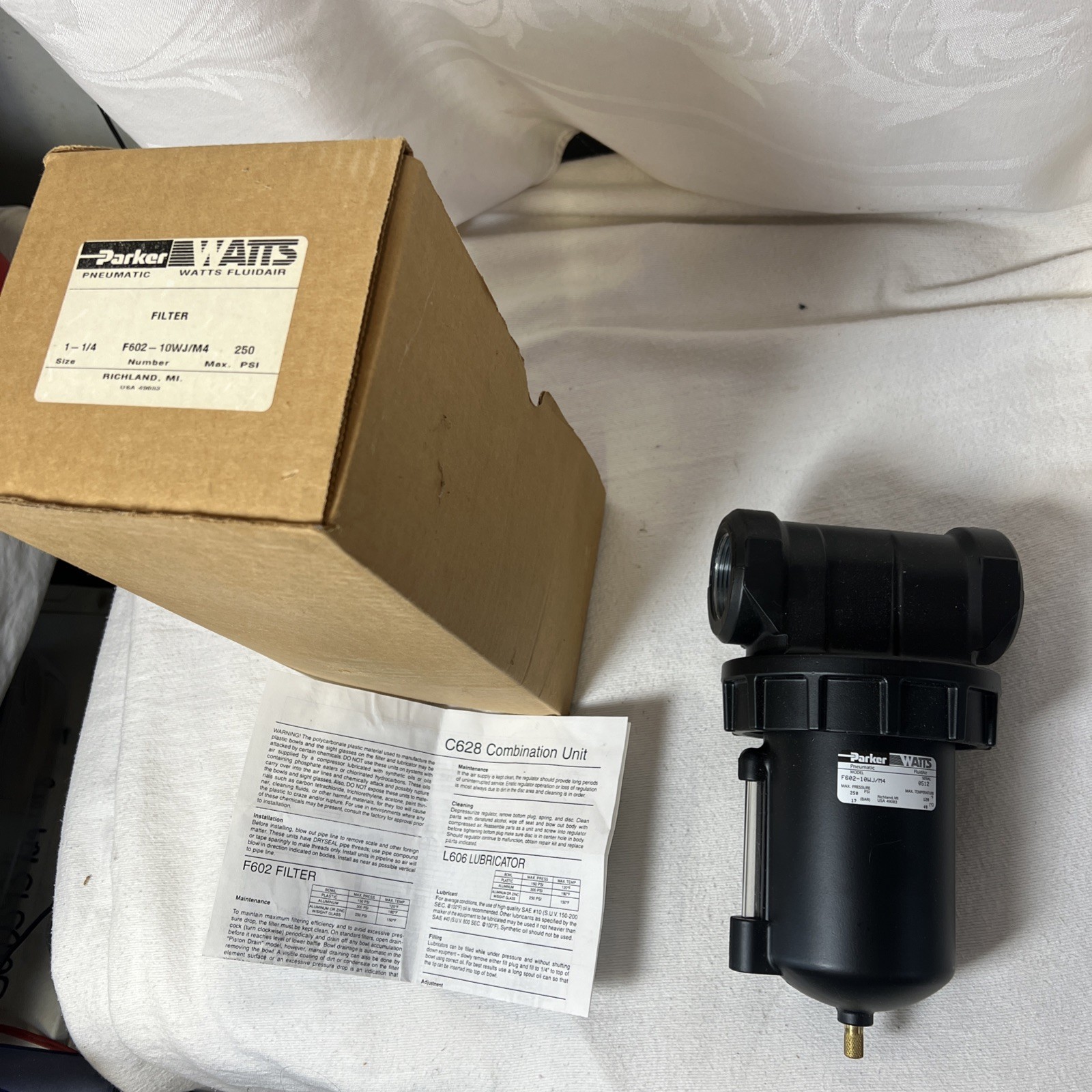 Parker Watts F602-10WJ/M4 Pneumatic Air Line Filter 1-1/4″ 250 PSI Industrial Fi