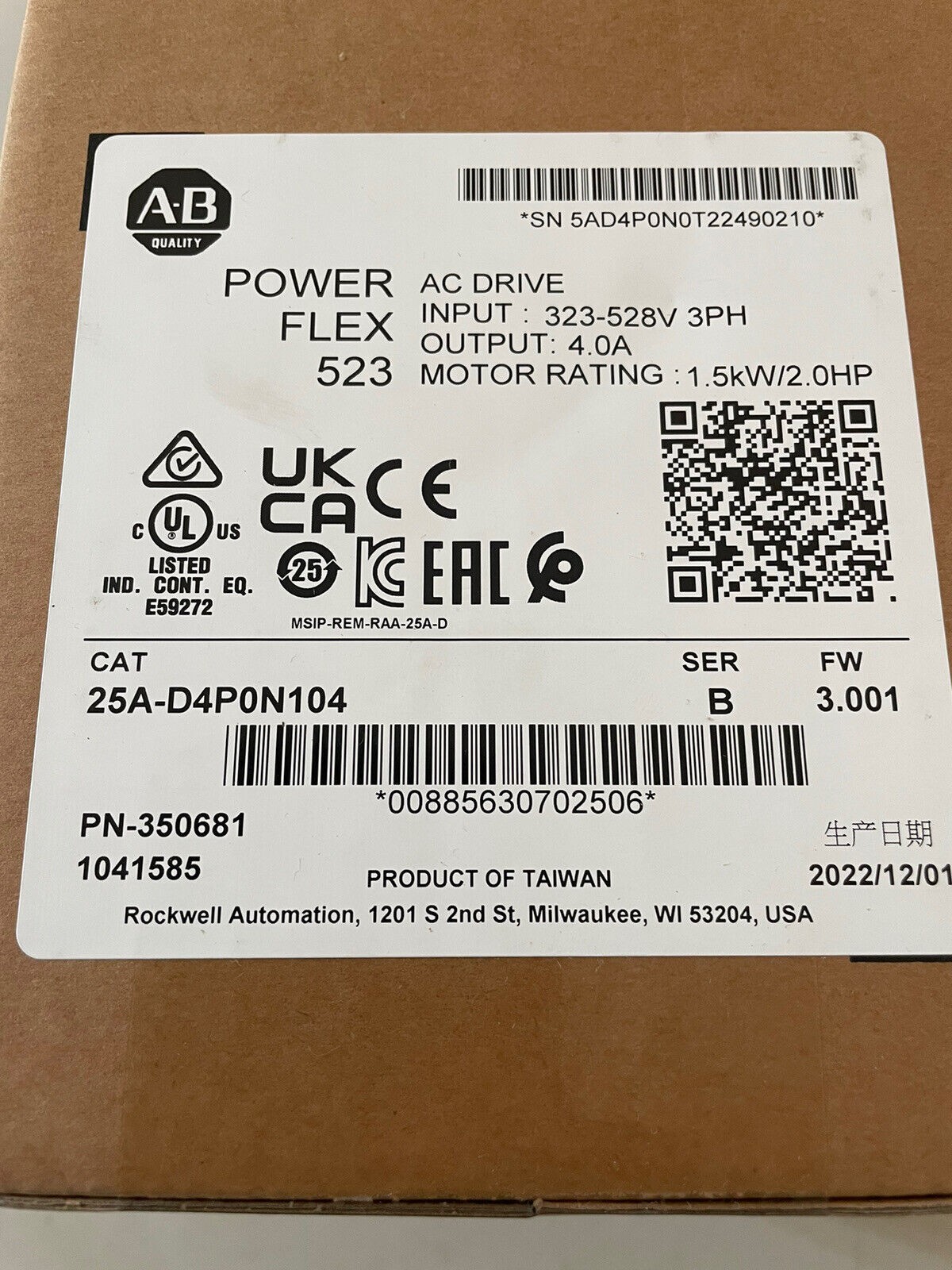 New Sealed Allen-Bradley 25A-D4P0N104 Ser B PowerFlex 523 AC Drive 1.5kW 2.0HP