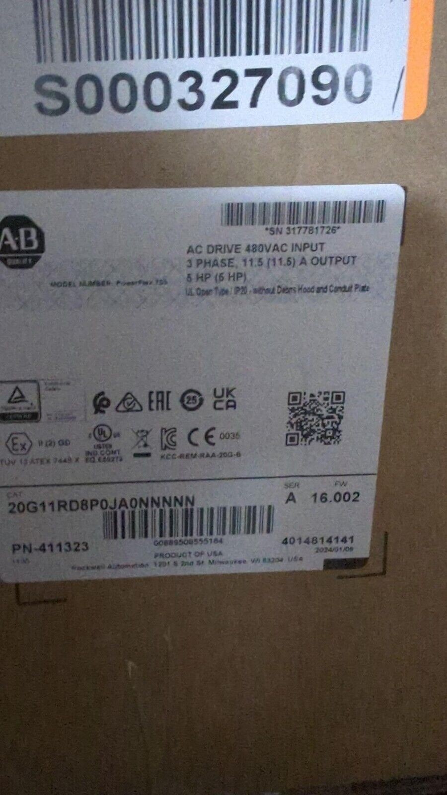 AB 20G11RD8P0JA0NNNNN 5HP Powerflex 755 Drive Genuine PLC 1PC US