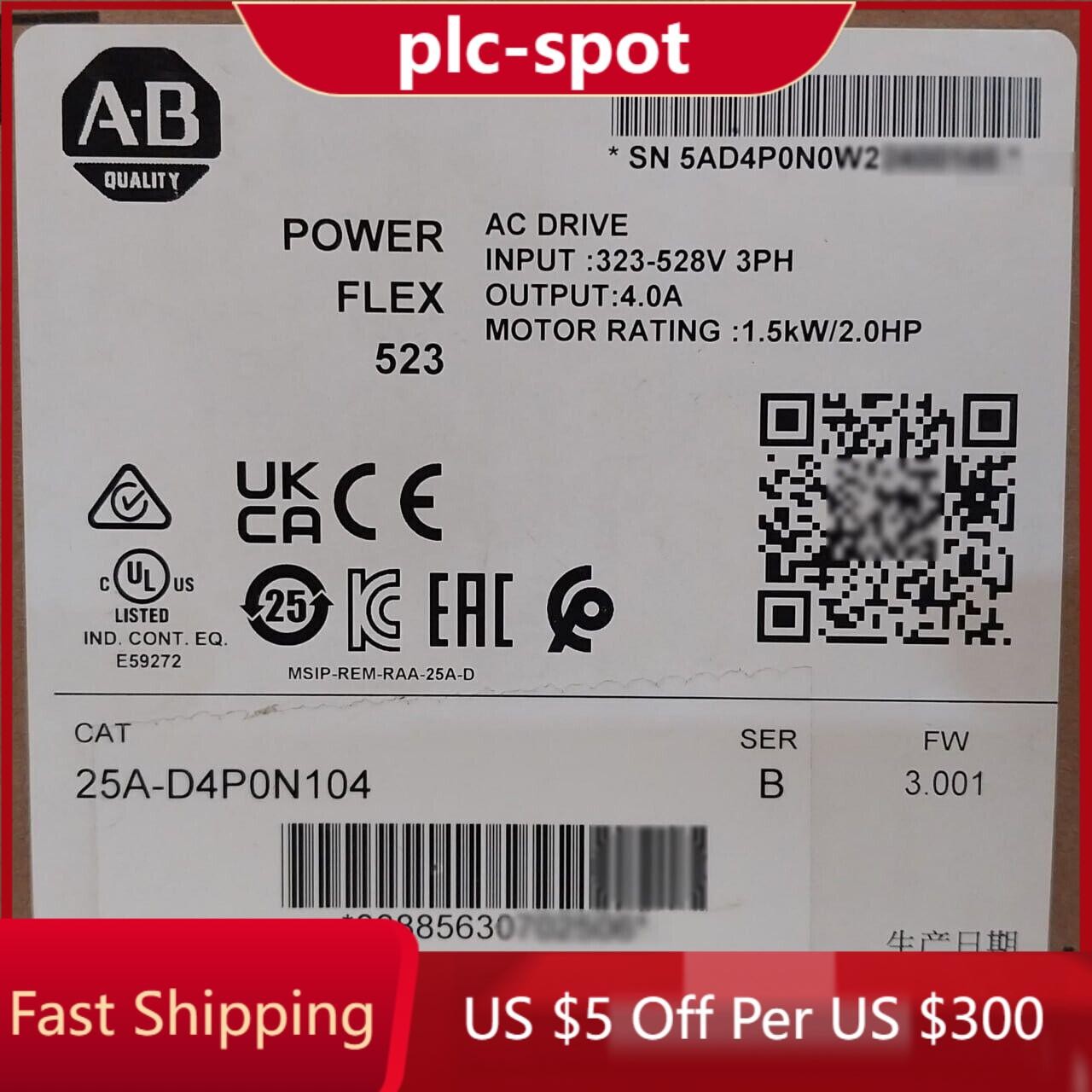 New Sealed Allen-Bradley 25A-D4P0N104 Ser B PowerFlex 523 AC Drive 1.5kW 2.0HP