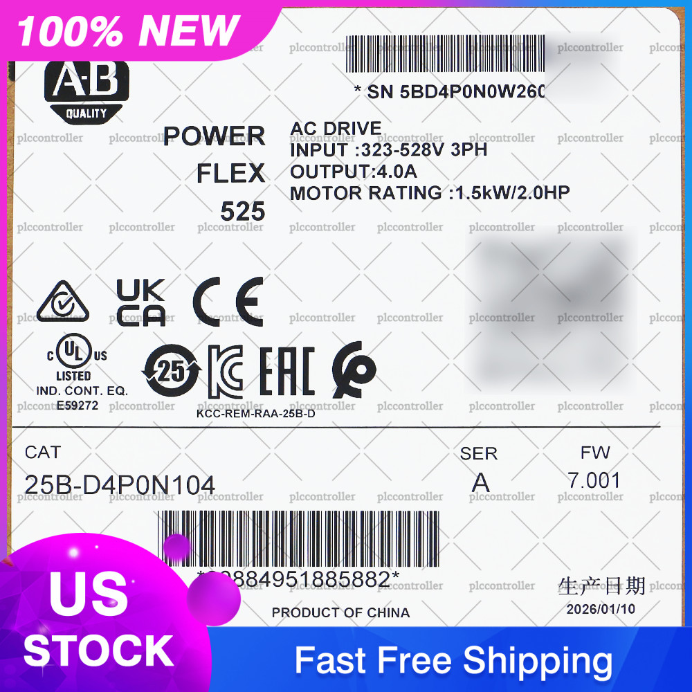 2026 New Allen Bradley 25B-D4P0N104 PowerFlex 525 1.5kW (2Hp) AC Drive