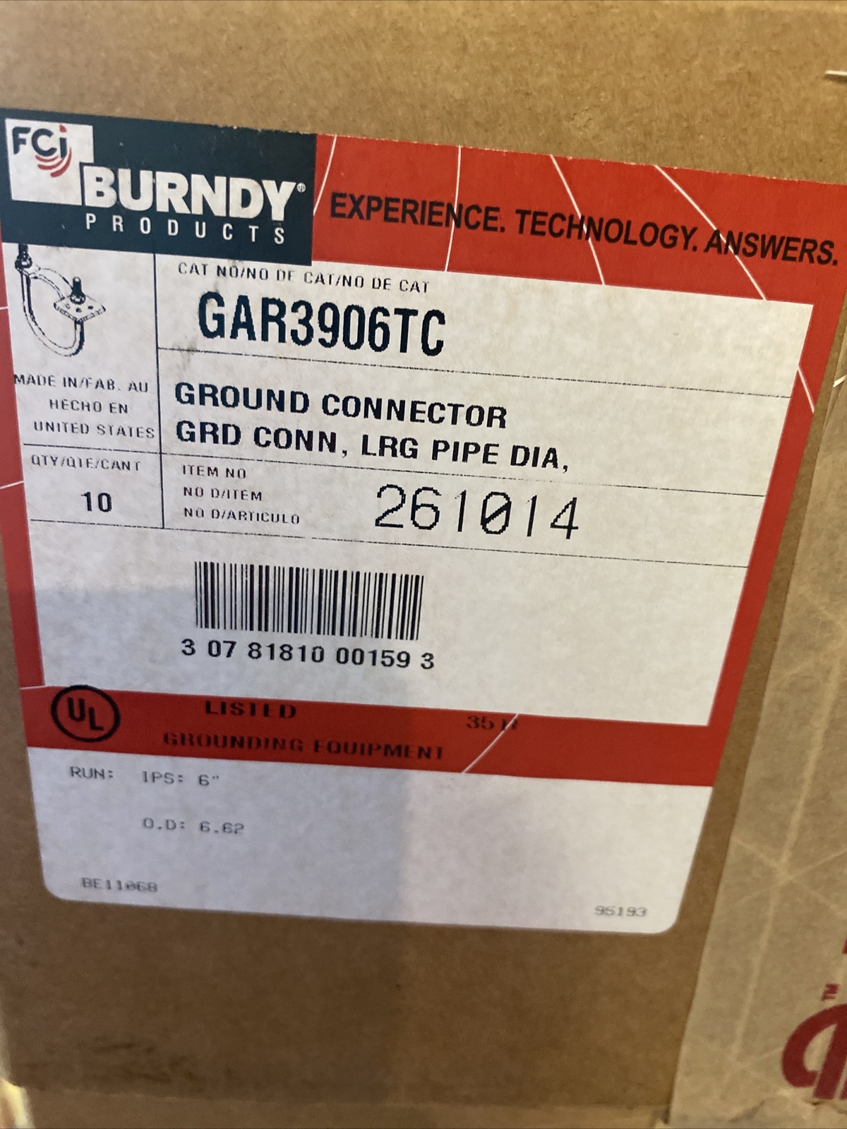 BURNDY GAR3906TC 6” Ground Connector For Large Pipe Lrg QTY
