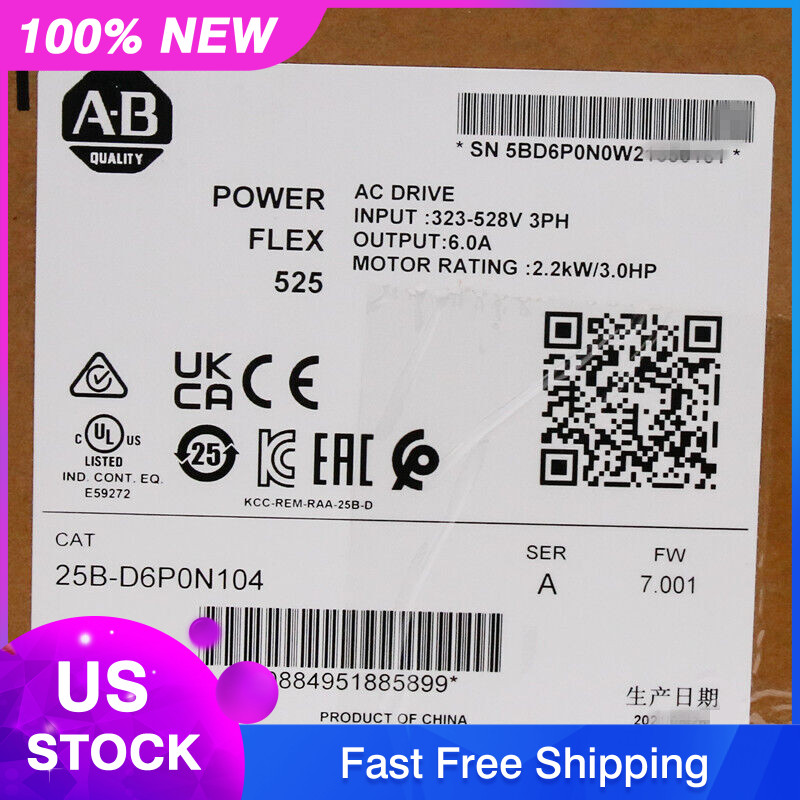 Sealed Genuine 25B-D6P0N104 /A PowerFlex 525 2.2kW 3Hp AC Drive ！ US Free Tax