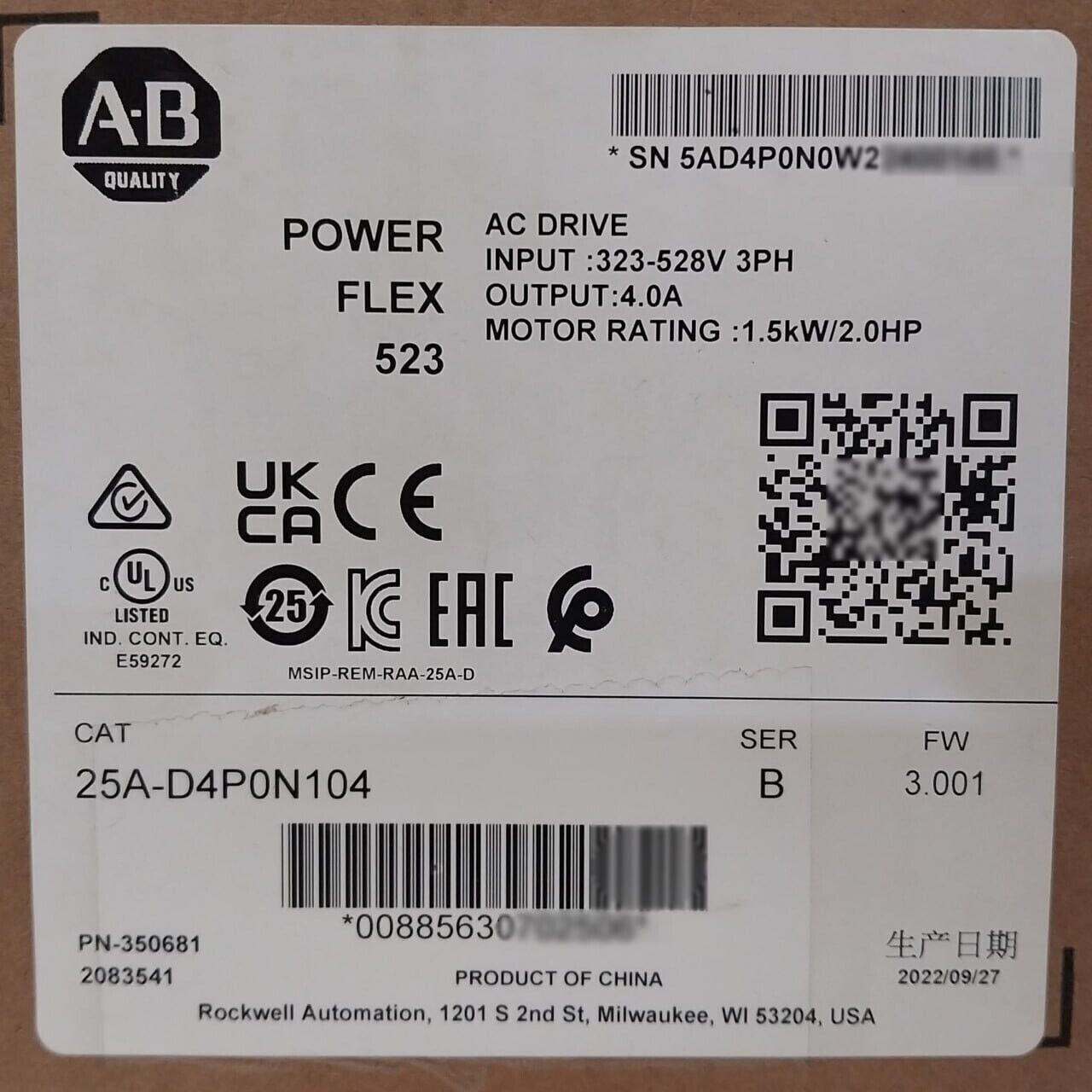 New Sealed Allen-Bradley 25A-D4P0N104 Ser B PowerFlex 523 AC Drive 1.5kW 2.0HP