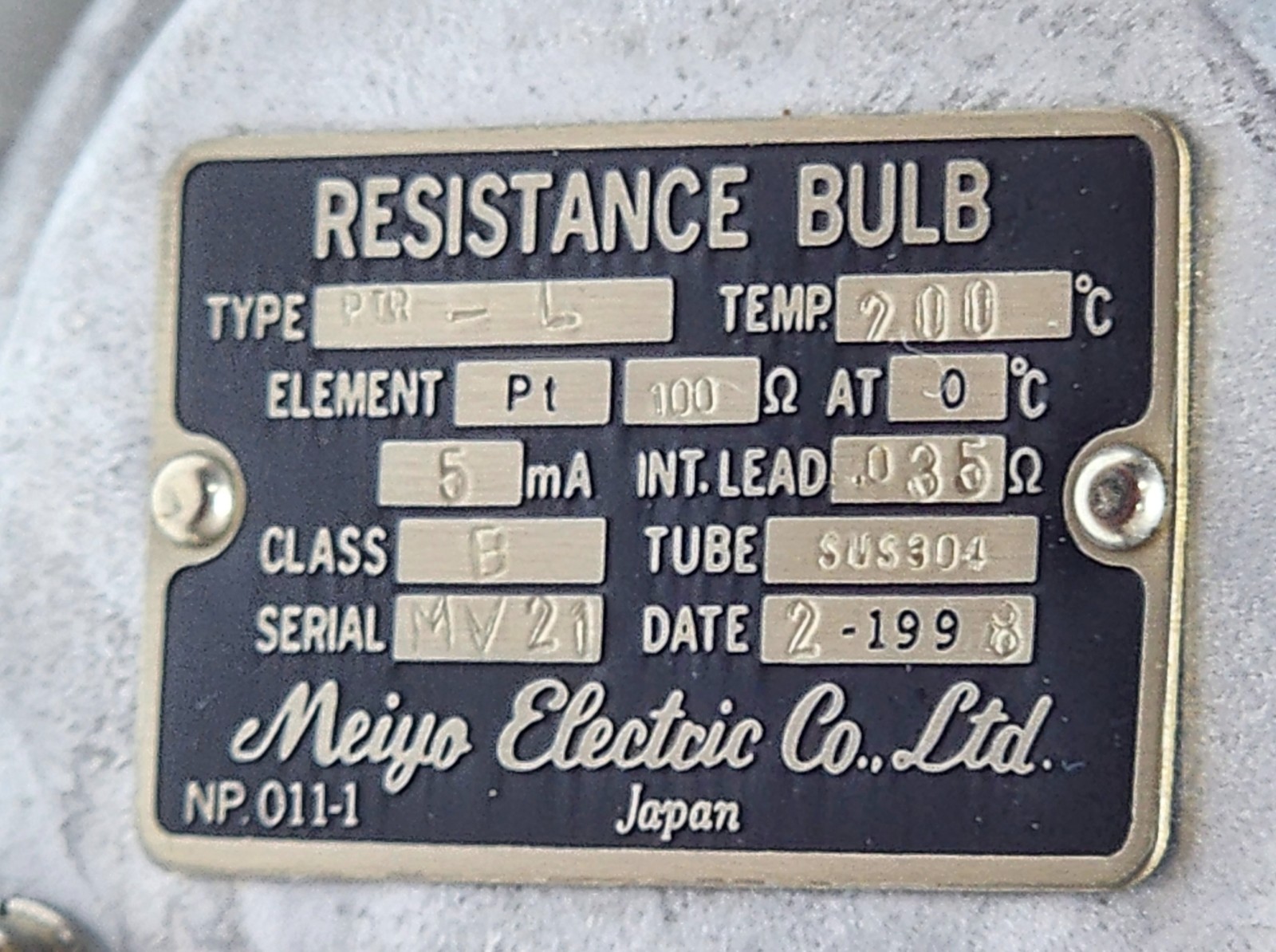 Meiyo Electric PTR-L Resistance Bulb 200°C for Fuel Oil Temperature