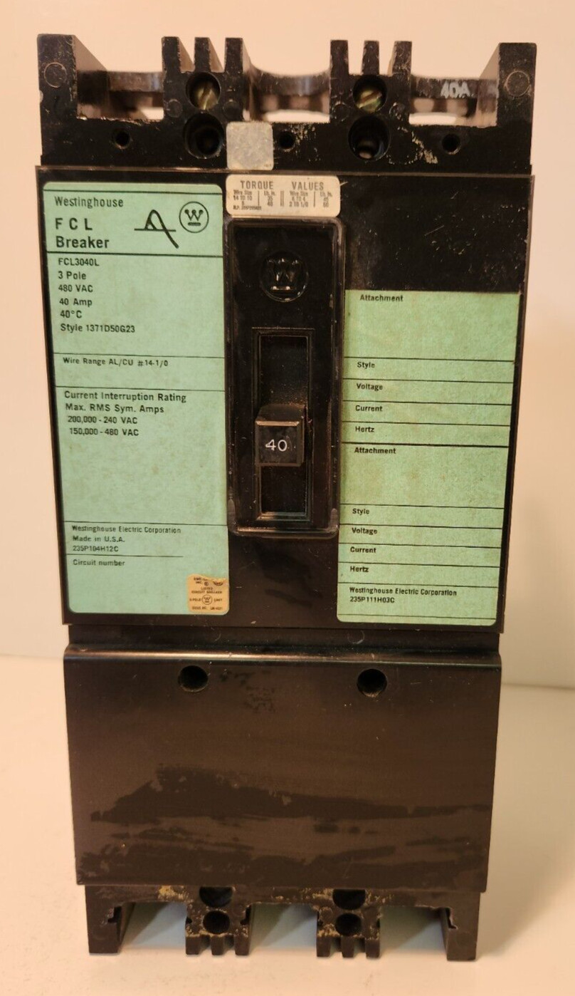 Westinghouse FCL3040L FCL Breaker – 3 Pole – 480VAC – 40 Amp – Style 1371D50G23