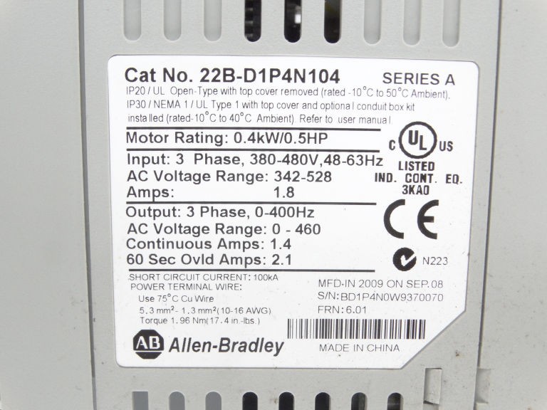 ALLEN BRADLEY 22B-D1P4N104 W/22-COMM-D Drive
