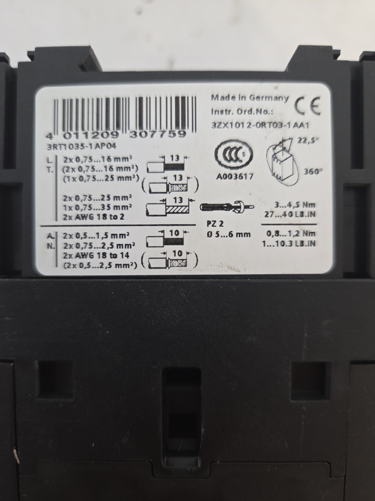 Siemens, Contactor, 40 AMP, 230VAC, 50HZ, 3 Pole, 2NO+2NC – 3RT1035-1AP04
