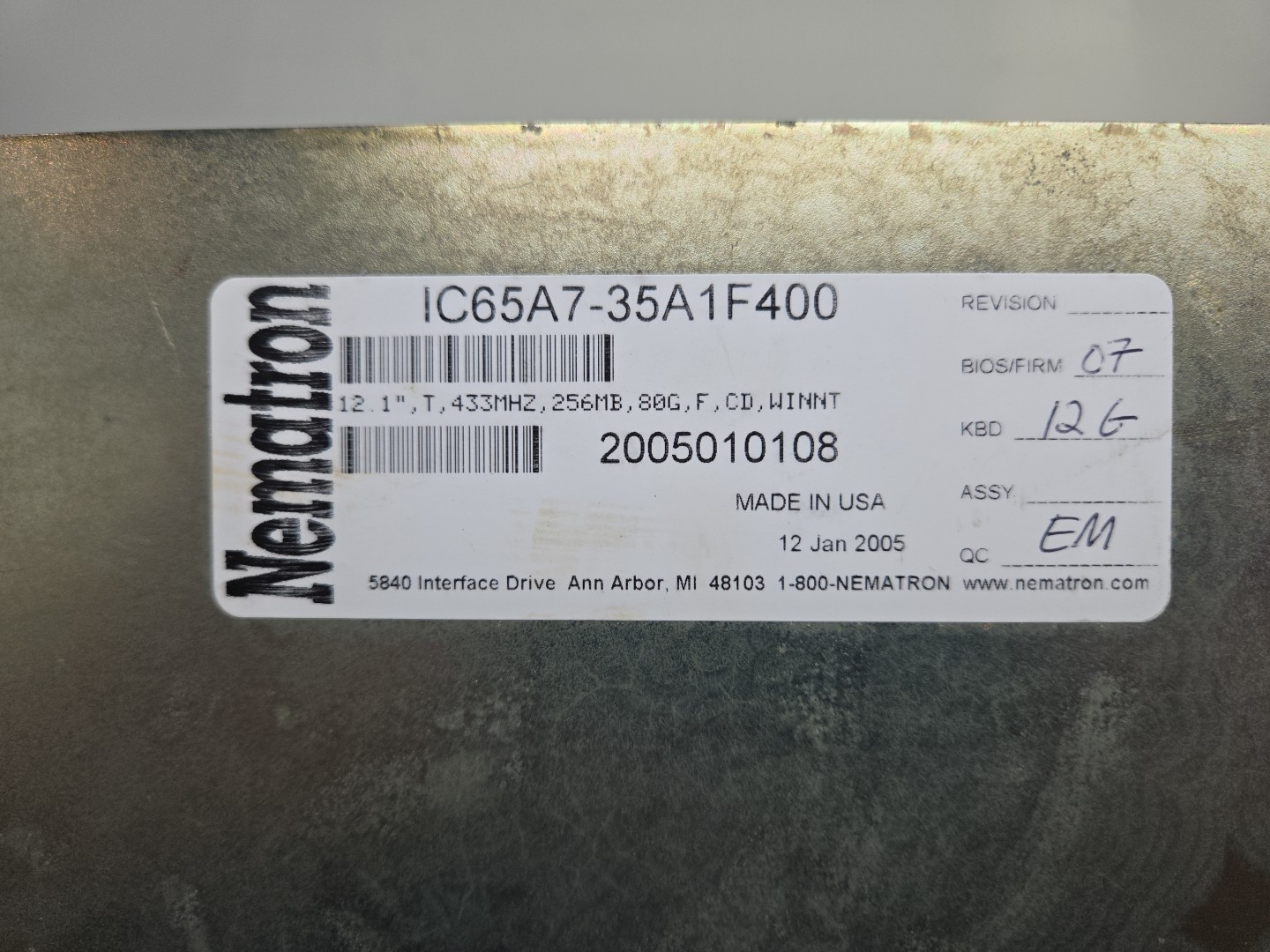 Nematron IC65A7-35A1F400 Operator Interface Control Unit Industrial Computer 12″