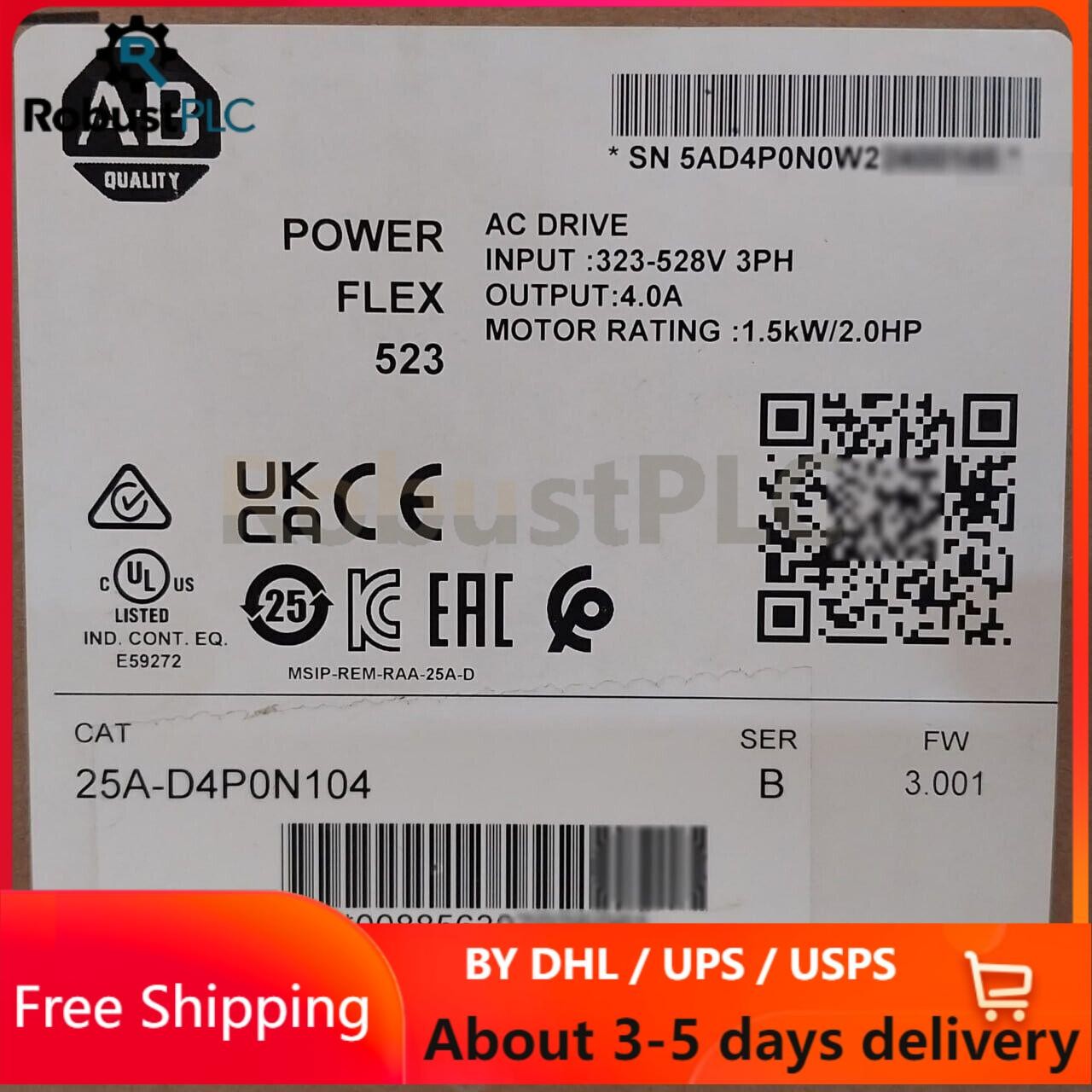 New Sealed Allen-Bradley 25A-D4P0N104 Ser B PowerFlex 523 AC Drive 1.5kW 2.0HP