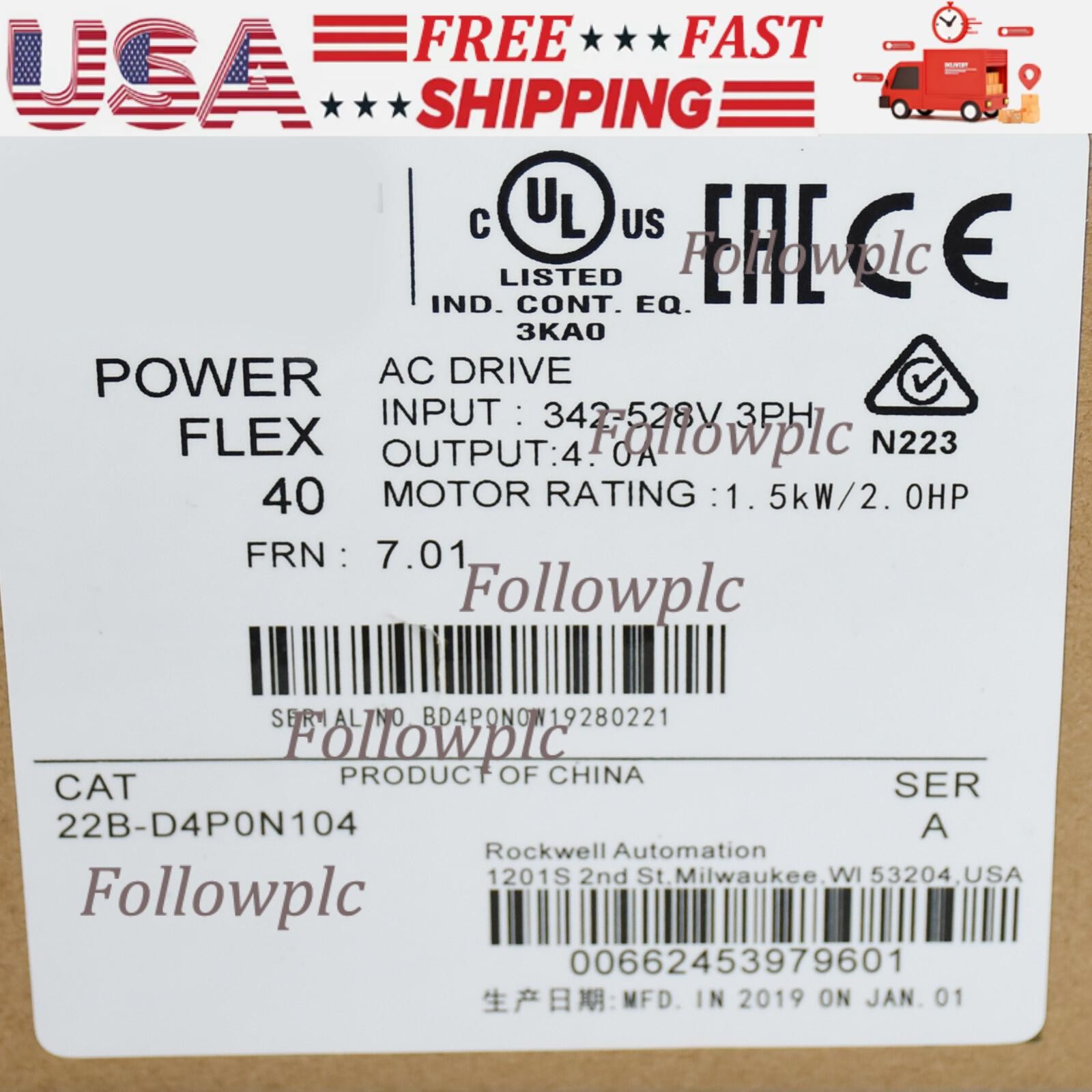 New Sealed Allen-Bradley 22B-D4P0N104 PowerFlex 1.5 kW 2 HP AC Drive AB