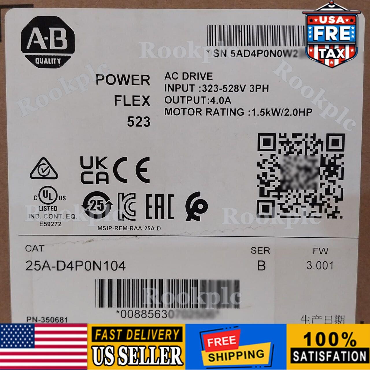 New Sealed Allen-Bradley 25A-D4P0N104 Ser B PowerFlex 523 AC Drive 1.5kW 2.0HP