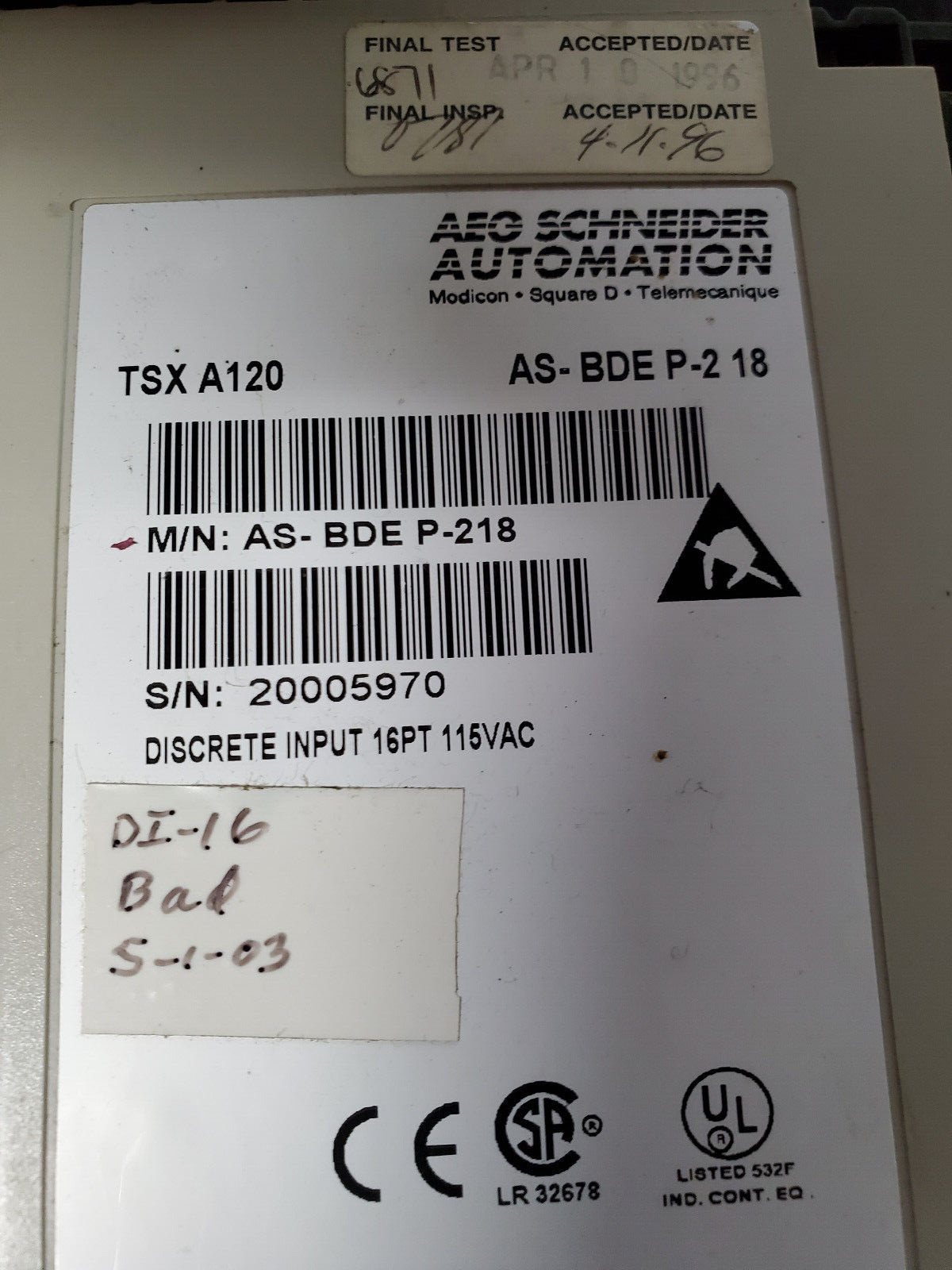 AEG SHNEIDER MODICON PC-A984-145 COMP 984 CPU +backplane, Discriete I/O modules