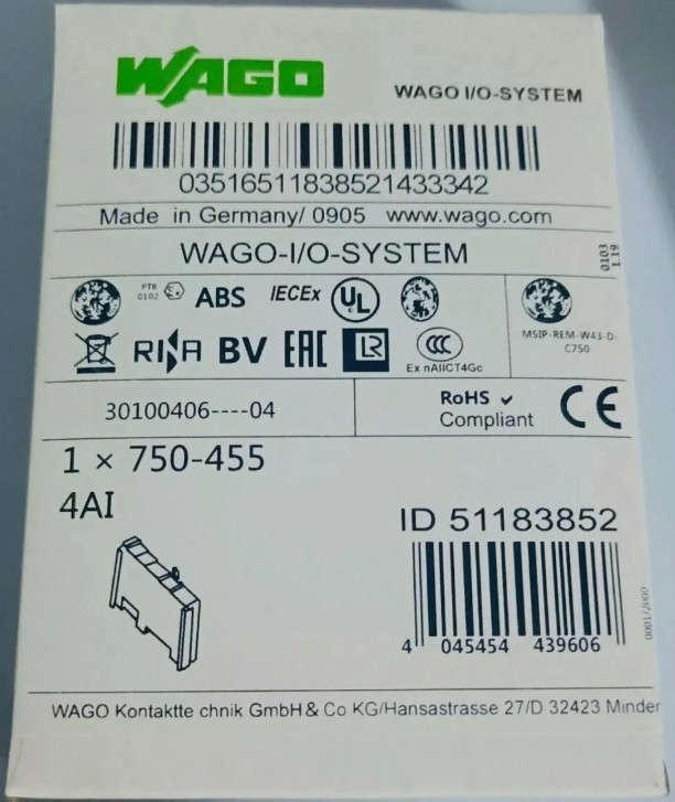 New In Box WAGO 750-455 4-Channel Analog Input PLC Module 750-455