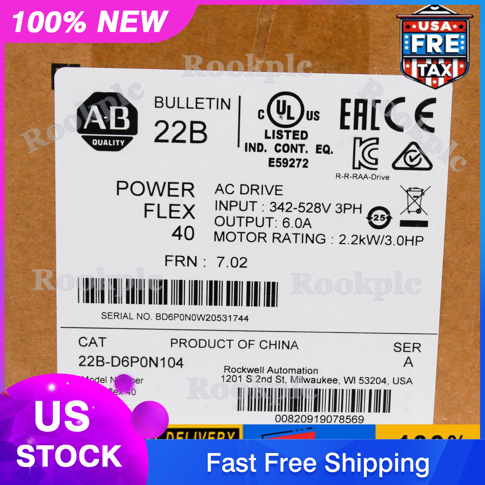 22B-D6P0N104 Allen-Bradley PowerFlex 40 2.2KW/3.0HP AC Drive US Free Tax